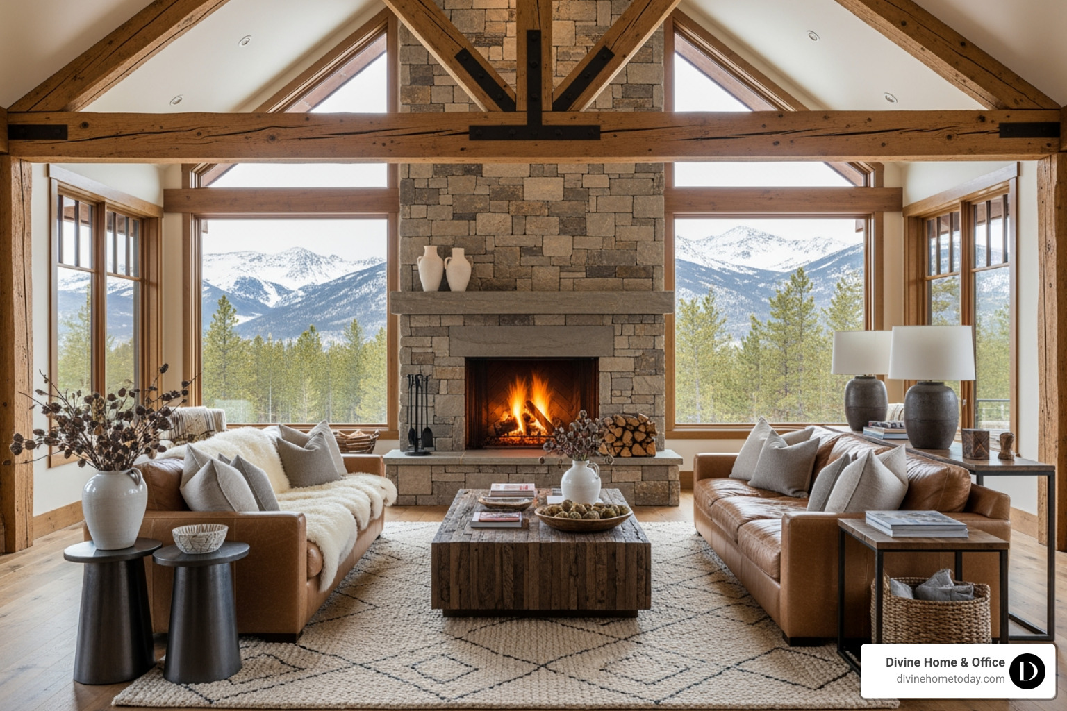 Luxury Colorado mountain living room with stone fireplace, timber beams, warm wood floors, natural textures, floor-to-ceiling windows, mountain views, modern rustic decor, soft bright light, polished yet inviting feel by Divine Home & Office - furniture rentals Luxury Colorado mountain living room with stone fireplace, timber beams, warm wood floors, natural textures, floor-to-ceiling windows, mountain views, modern rustic decor, soft bright light, polished yet inviting feel by Divine Home & Office - furniture rentals