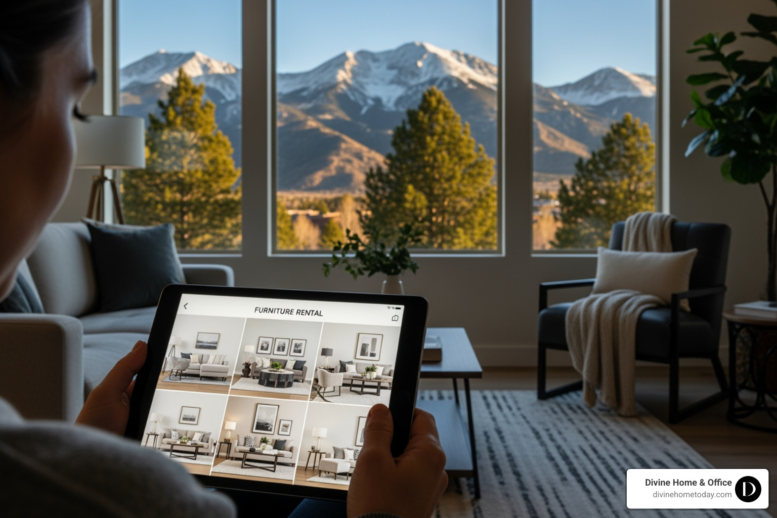 person browsing a Divine Home & Office furniture rental catalog on a tablet, displaying modern living room sets with mountain views in the background - furniture rentals person browsing a Divine Home & Office furniture rental catalog on a tablet, displaying modern living room sets with mountain views in the background - furniture rentals
