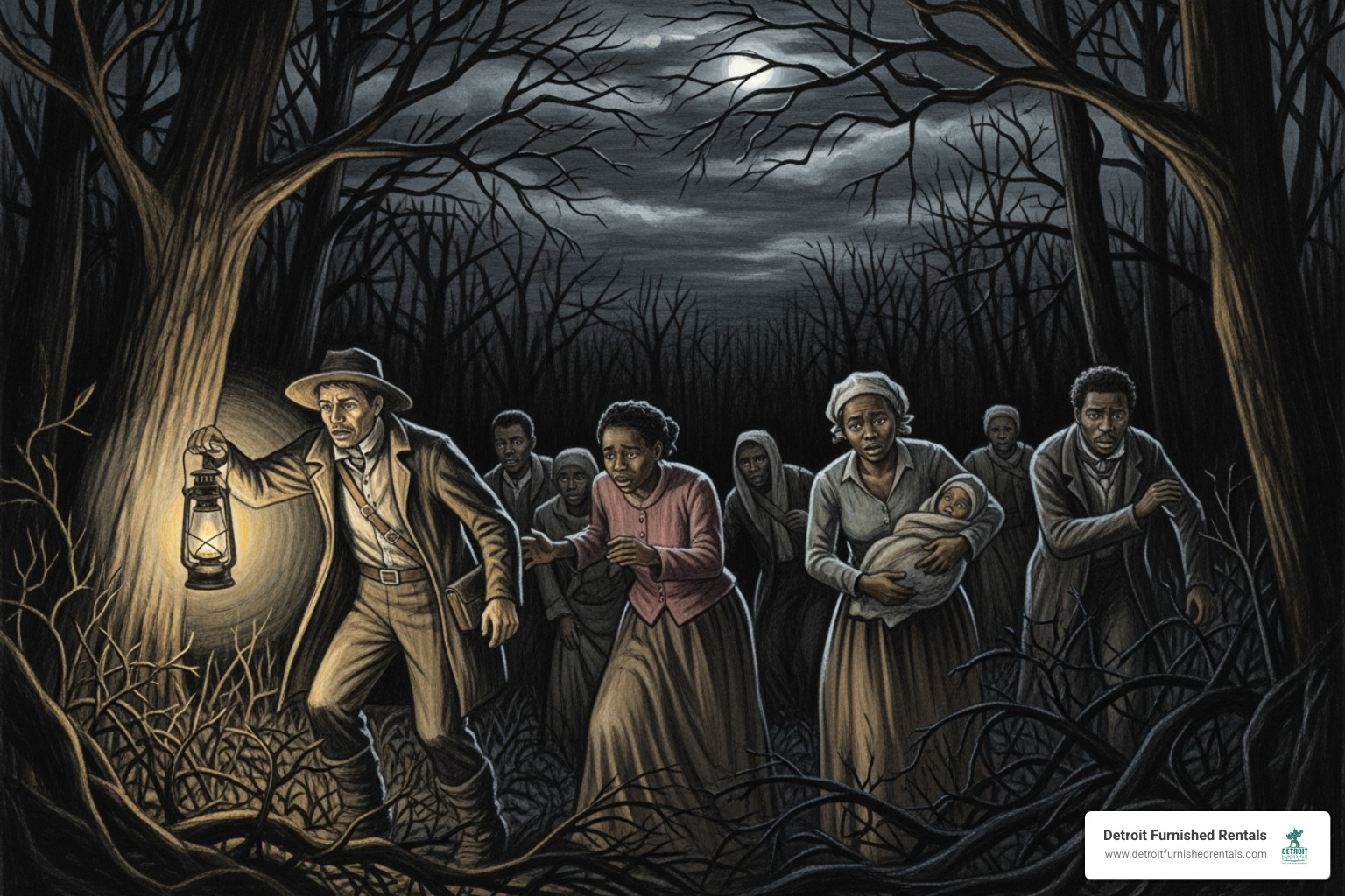 Illustration depicting fugitive slaves escaping at night, guided by an abolitionist under the cover of darkness, highlighting the dangers and secrecy of the Underground Railroad - Gateway to Freedom