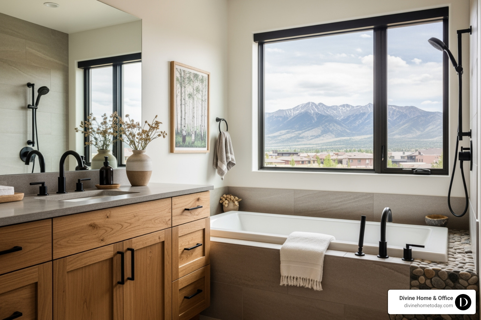 Spa-like modern mountain bathroom in a Denver luxury home, stone counters, natural wood vanity, matte black hardware, soaking tub, warm textures, bright natural light, clean styling, subtle Colorado cues. - interior design trends