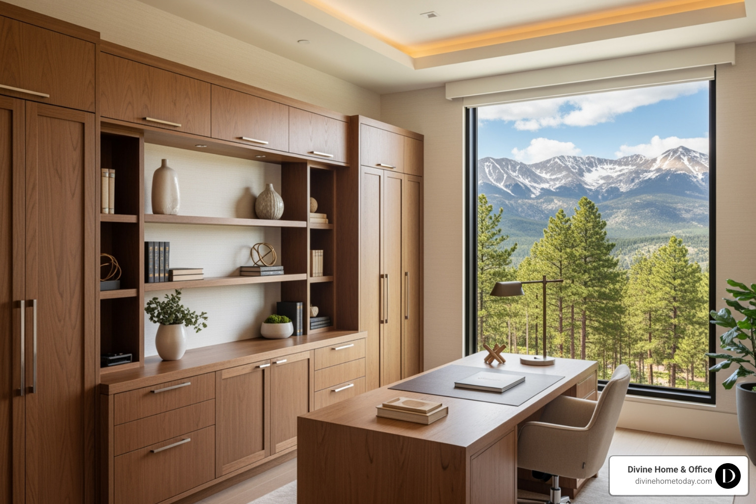 Luxury modern mountain Colorado home office with custom wood cabinetry and mountain views - interior design trends
