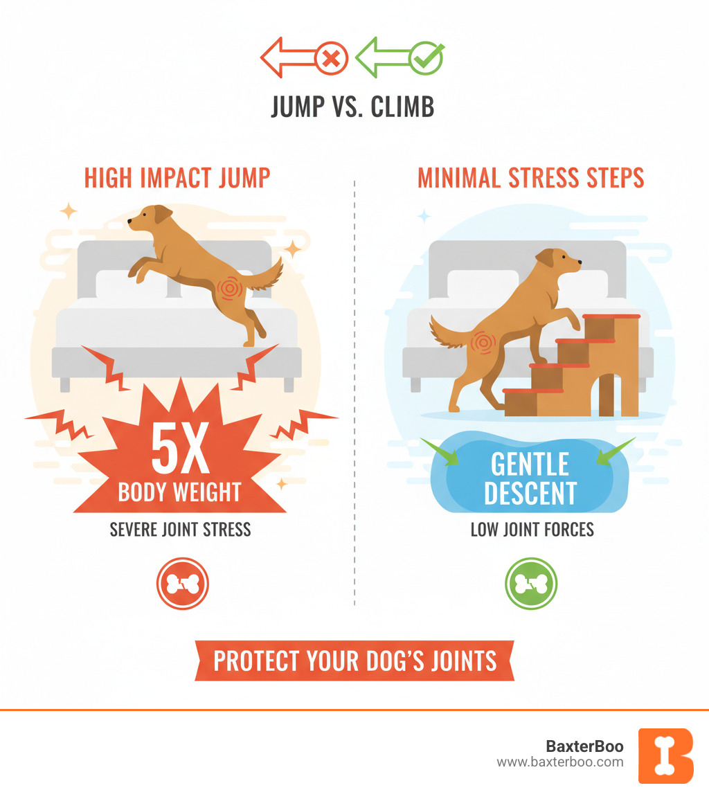 infographic showing comparison between a dog jumping from bed with high joint impact forces illustrated versus a dog walking down steps with minimal joint stress, including impact force measurements and joint stress indicators - buy dog steps for bed infographic infographic showing comparison between a dog jumping from bed with high joint impact forces illustrated versus a dog walking down steps with minimal joint stress, including impact force measurements and joint stress indicators - buy dog steps for bed infographic