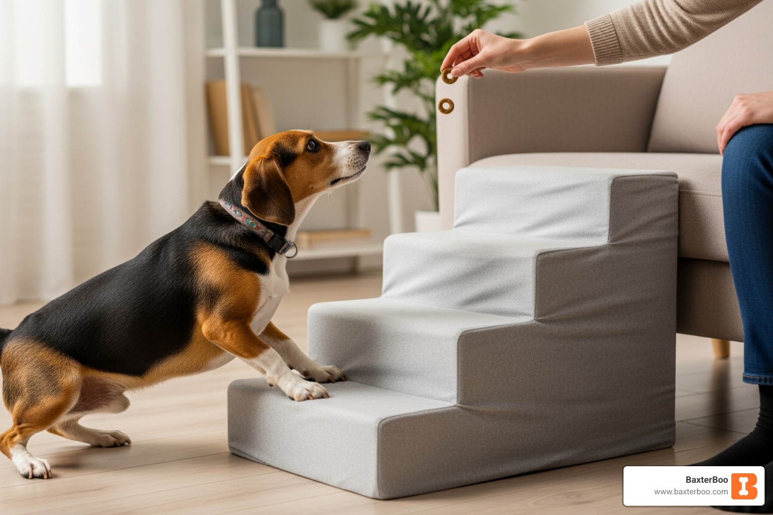 person using a treat to encourage a dog up a new set of pet stairs - buy dog steps for bed person using a treat to encourage a dog up a new set of pet stairs - buy dog steps for bed