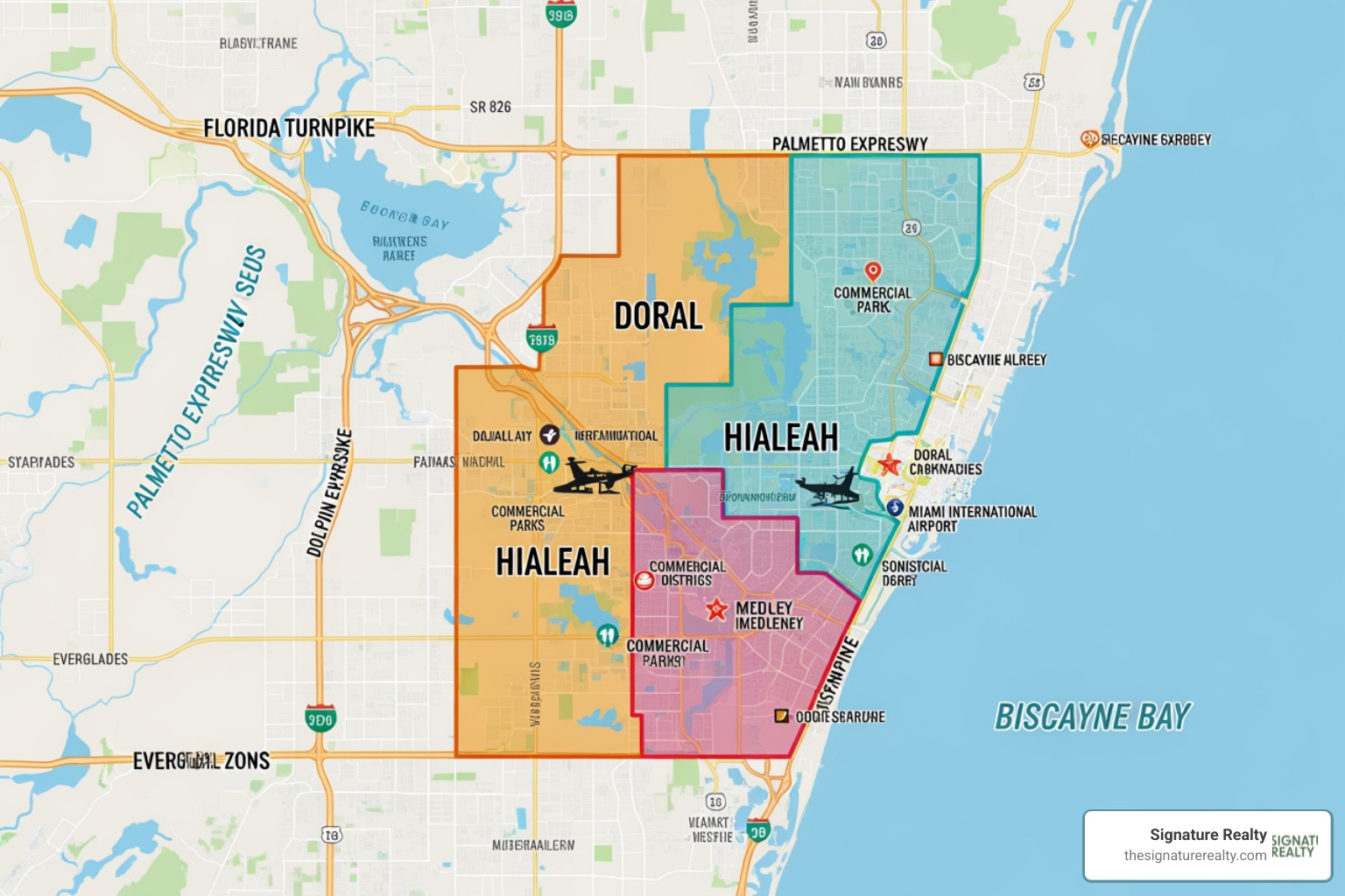 map highlighting Doral Hialeah and Medley business districts - sublet office space miami map highlighting Doral Hialeah and Medley business districts - sublet office space miami