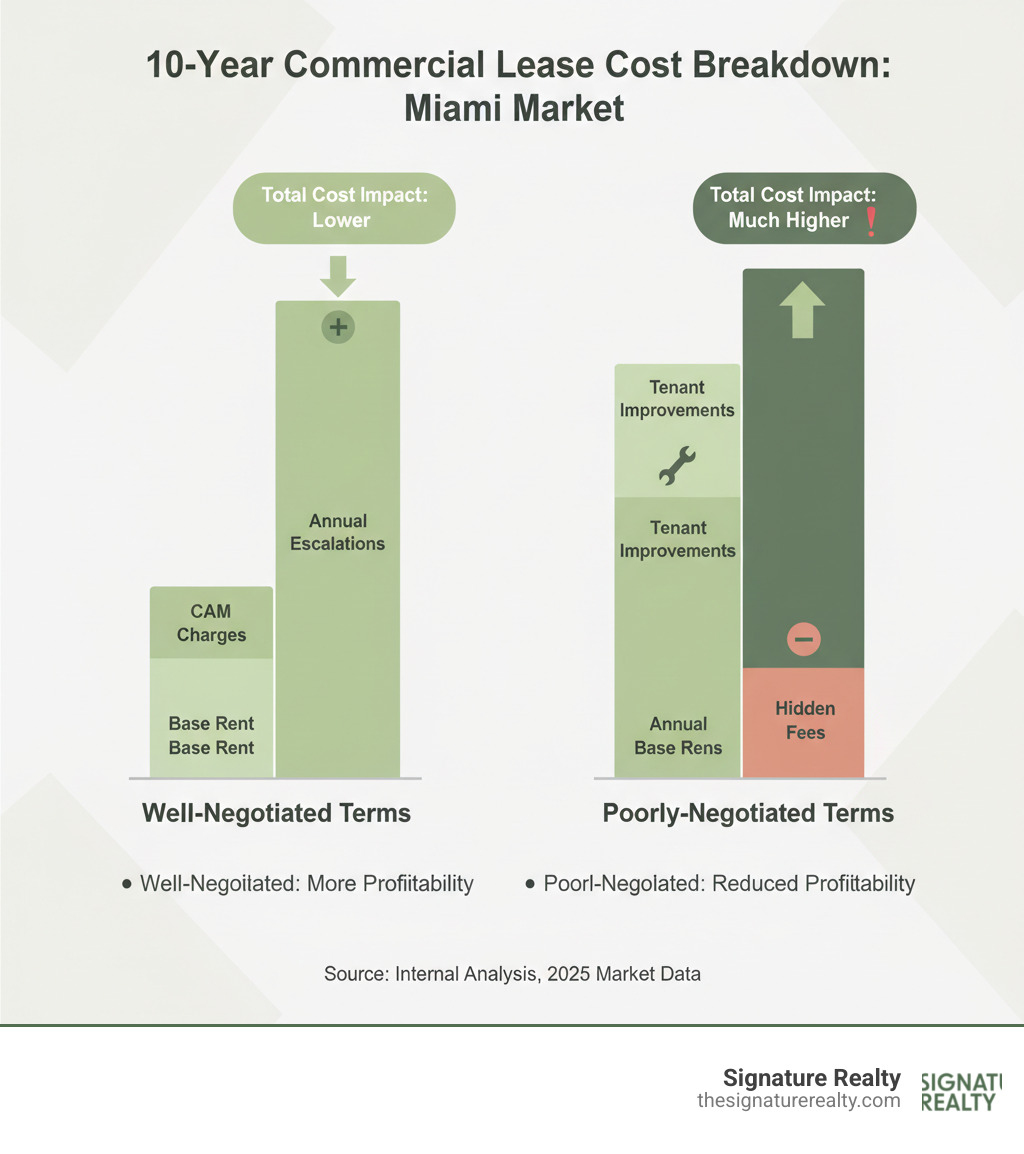 infographic showing the breakdown of a 10-year commercial lease cost including base rent, CAM charges, annual escalations, tenant improvements, hidden fees, and total cost impact on business profitability with comparison bars for well-negotiated vs poorly-negotiated terms in the Miami market - commercial real estate negotiation tips infographic infographic showing the breakdown of a 10-year commercial lease cost including base rent, CAM charges, annual escalations, tenant improvements, hidden fees, and total cost impact on business profitability with comparison bars for well-negotiated vs poorly-negotiated terms in the Miami market - commercial real estate negotiation tips infographic