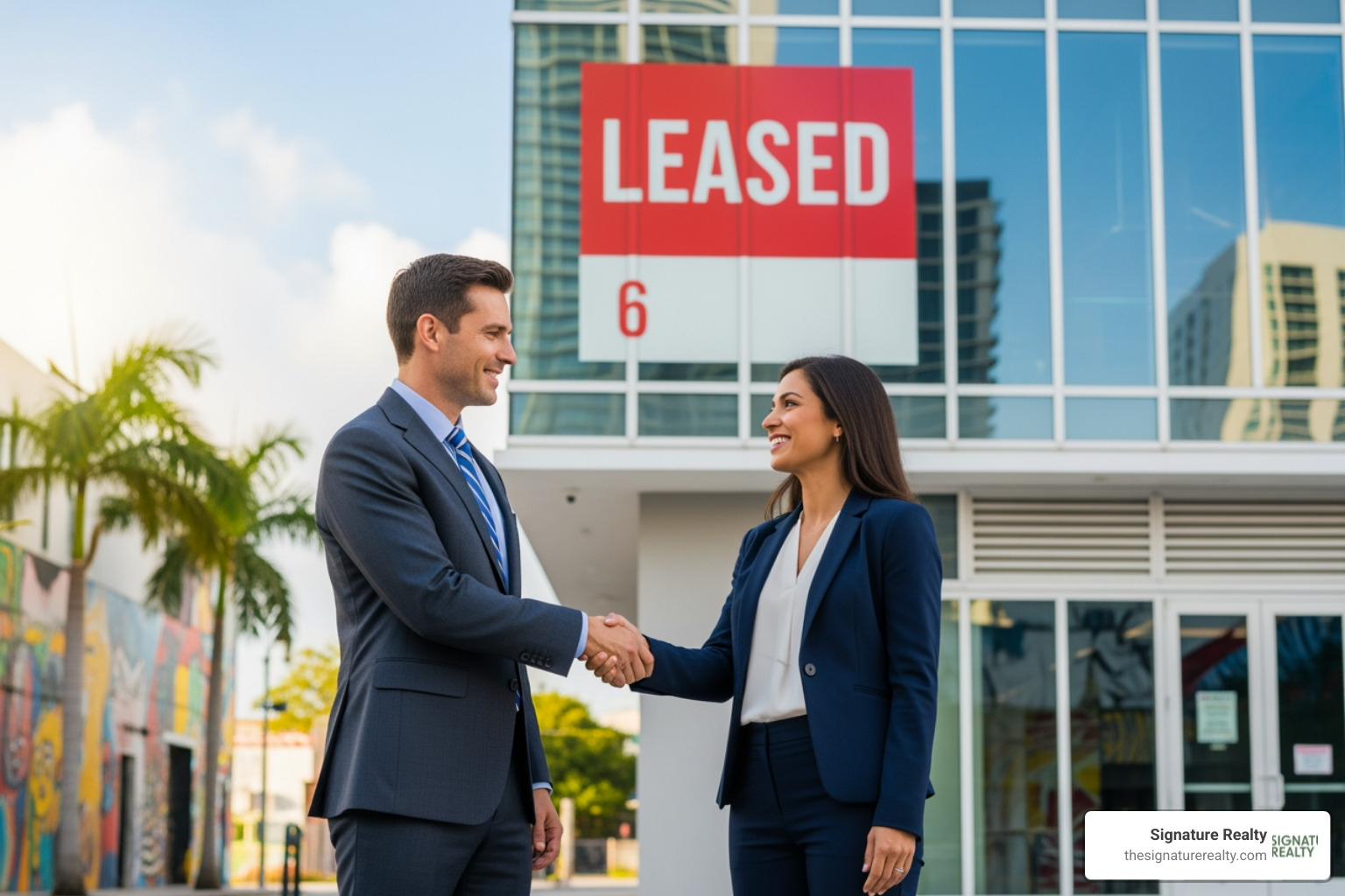A successful handshake in front of a "Leased" sign on a commercial property in Wynwood - commercial real estate negotiation tips A successful handshake in front of a "Leased" sign on a commercial property in Wynwood - commercial real estate negotiation tips