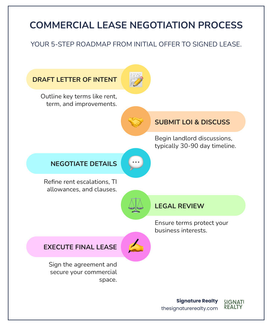 infographic showing the 4-step commercial lease negotiation process: 1) Draft Letter of Intent outlining key terms, 2) Submit LOI and begin landlord discussions (typically 30-90 day timeline), 3) Negotiate details like rent escalations and TI allowances, 4) Execute final lease agreement with legal review - commercial lease negotiation letter sample infographic infographic-line-5-steps-colors infographic showing the 4-step commercial lease negotiation process: 1) Draft Letter of Intent outlining key terms, 2) Submit LOI and begin landlord discussions (typically 30-90 day timeline), 3) Negotiate details like rent escalations and TI allowances, 4) Execute final lease agreement with legal review - commercial lease negotiation letter sample infographic infographic-line-5-steps-colors