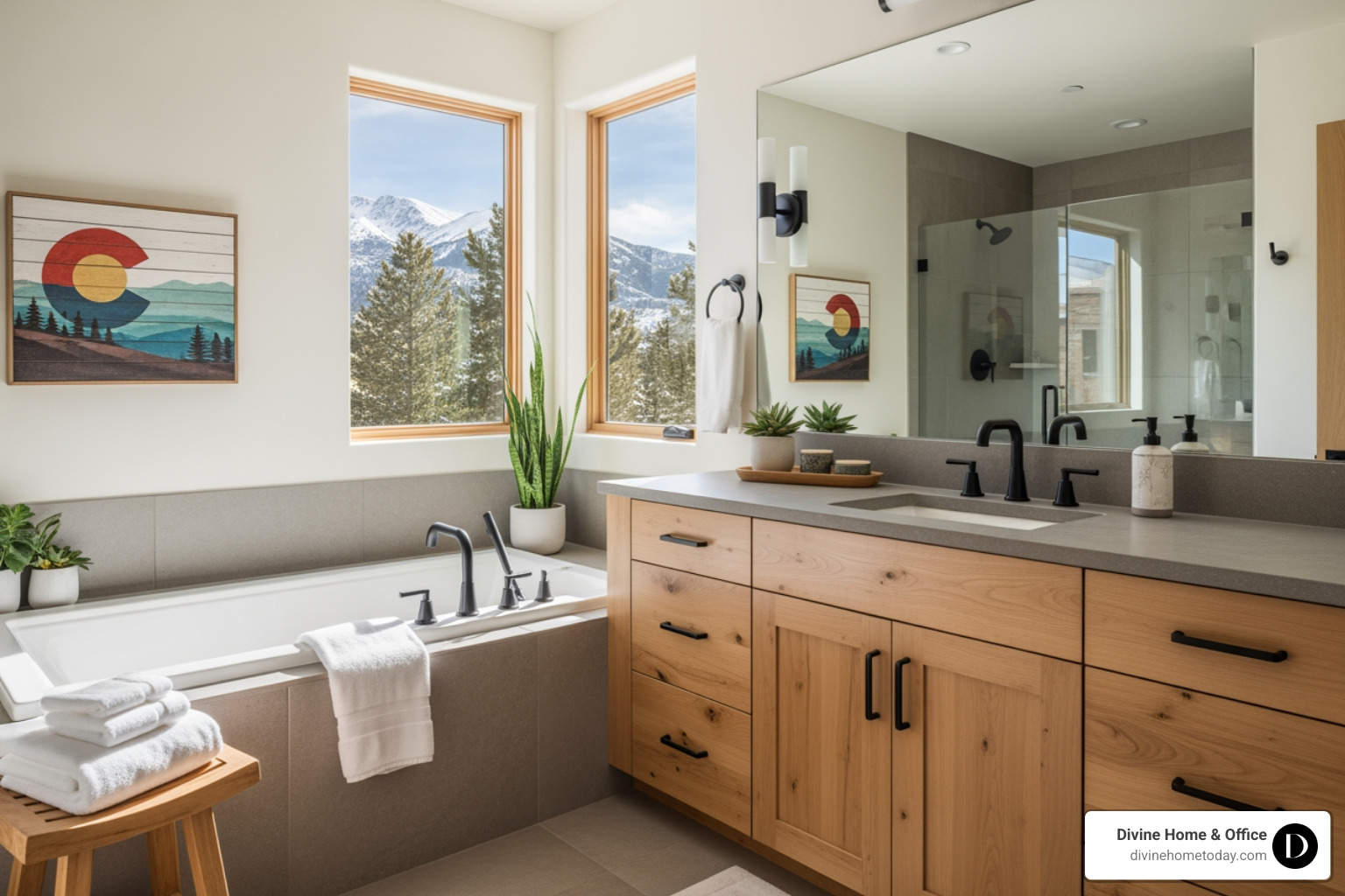 Spa-like modern mountain bathroom in a Denver luxury home, stone counters, natural wood vanity, matte black hardware, soaking tub, warm textures, bright natural light, clean styling, subtle Colorado cues. - Increase property value