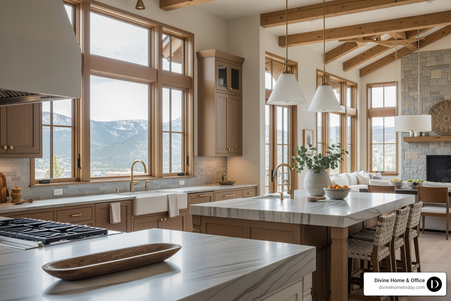 High-end modern mountain kitchen in a million-dollar Denver home, stone countertops, custom wood cabinetry, brass hardware, exposed beams, natural textures, large windows with Colorado mountain views, bright natural lighting, clean styled space, warm neutral palette. - Increase property value