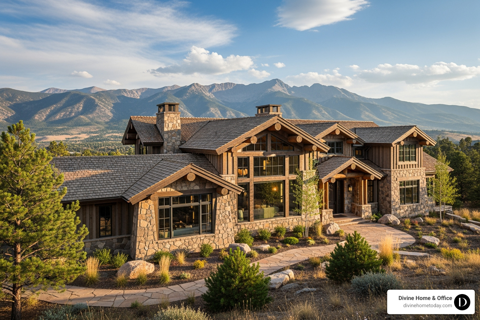 Million-dollar Colorado mountain home exterior with timber and stone facade, large windows, warm natural lighting, modern-rustic lodge style, set against the Denver foothills or Rocky Mountain backdrop. - Increase property value