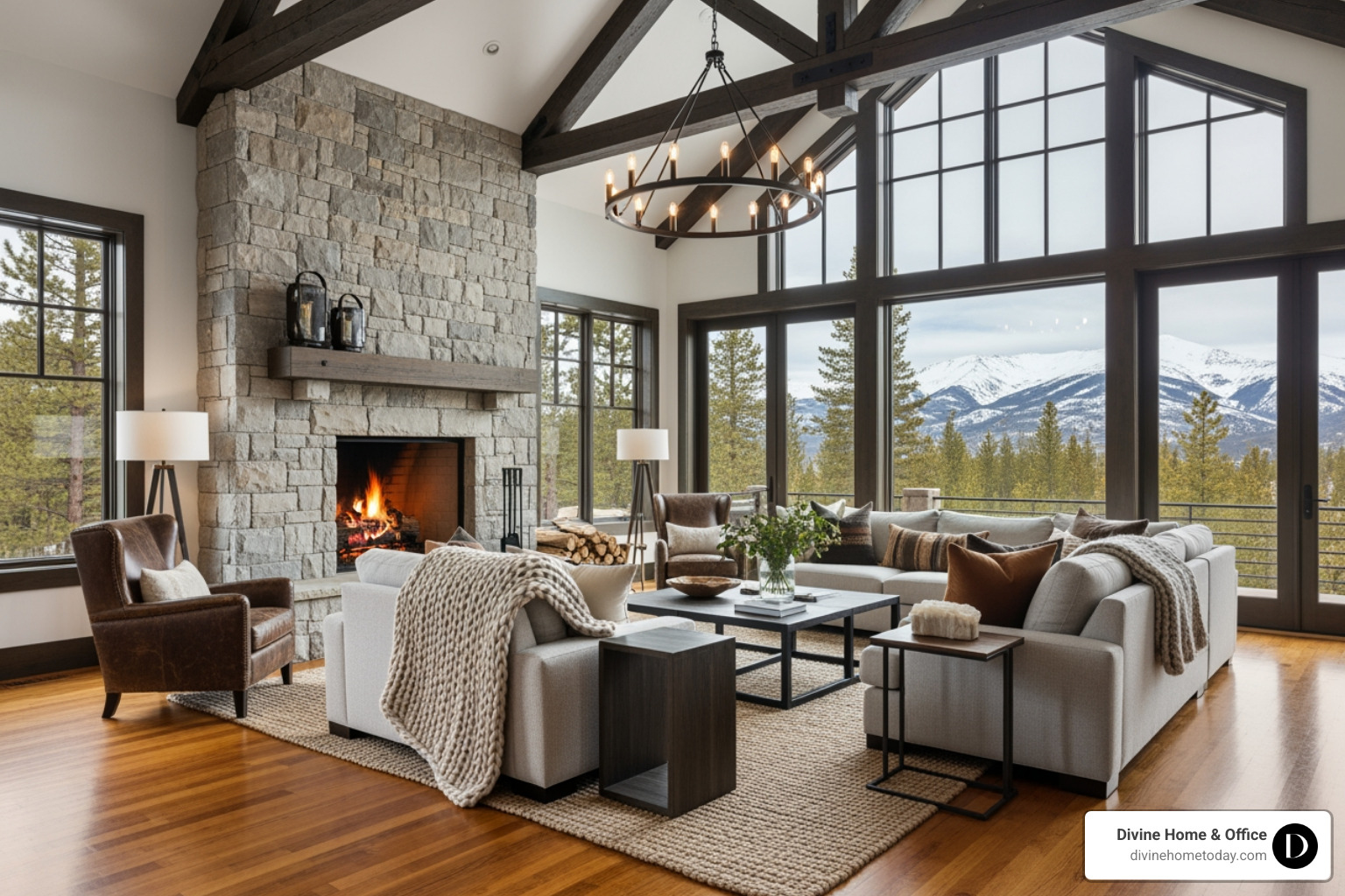 Luxury Colorado mountain living room with stone fireplace, timber beams, warm wood floors, natural textures, floor-to-ceiling windows, mountain views, modern rustic decor, soft bright light, polished yet inviting feel. - Increase property value