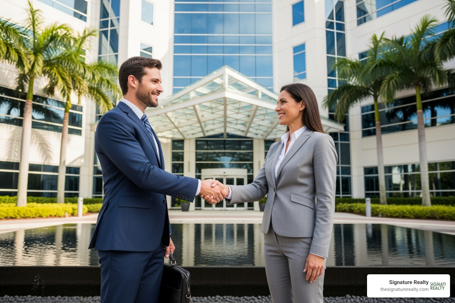 handshake in front of a commercial building in Doral, FL - commercial lease negotiation letter sample handshake in front of a commercial building in Doral, FL - commercial lease negotiation letter sample