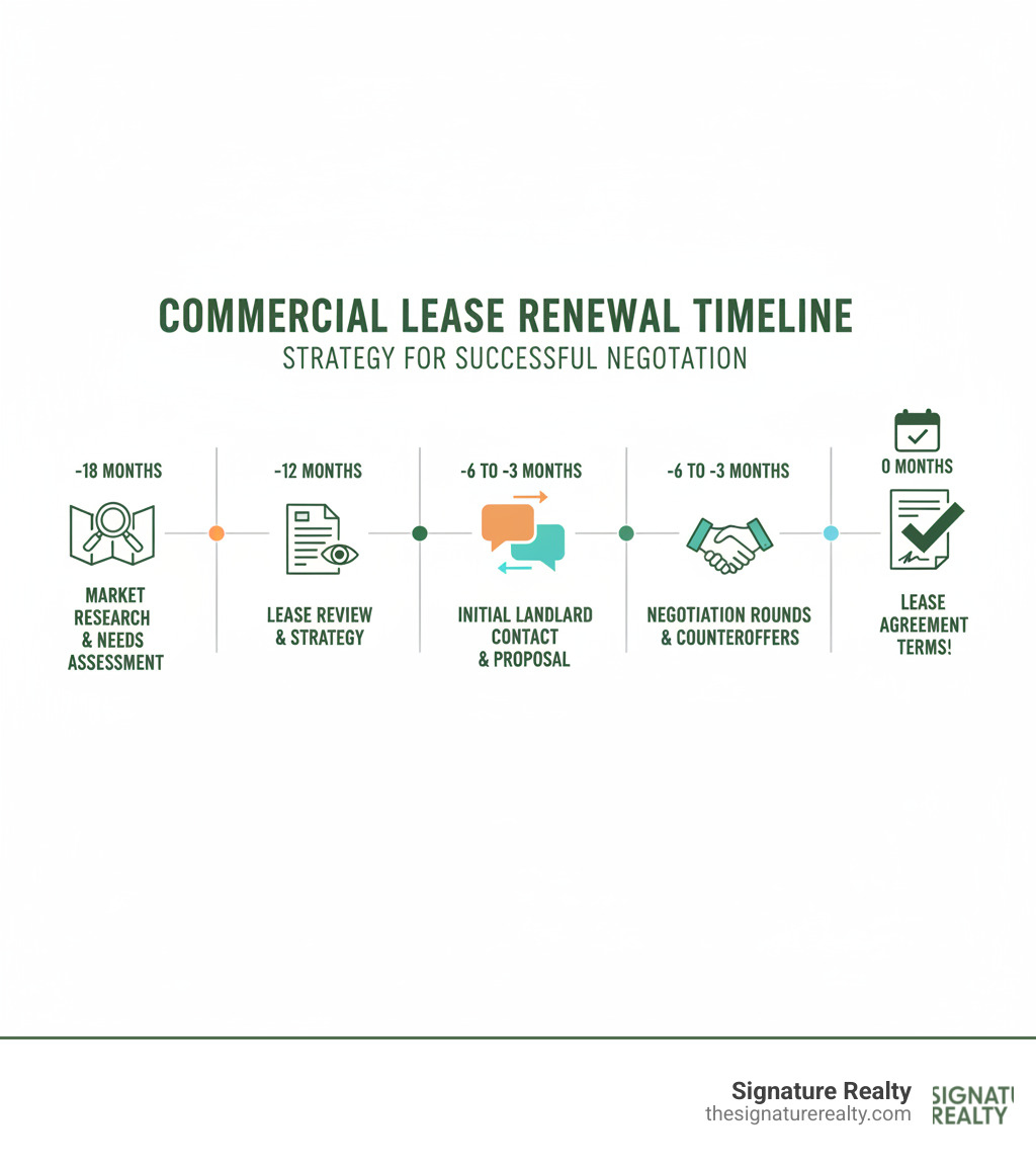 infographic showing commercial lease renewal negotiation timeline from 18 months before expiration through final signing, with key milestones including market research phase, lease review phase, initial landlord contact, negotiation rounds, and final agreement - how to negotiate lease renewal infographic infographic showing commercial lease renewal negotiation timeline from 18 months before expiration through final signing, with key milestones including market research phase, lease review phase, initial landlord contact, negotiation rounds, and final agreement - how to negotiate lease renewal infographic