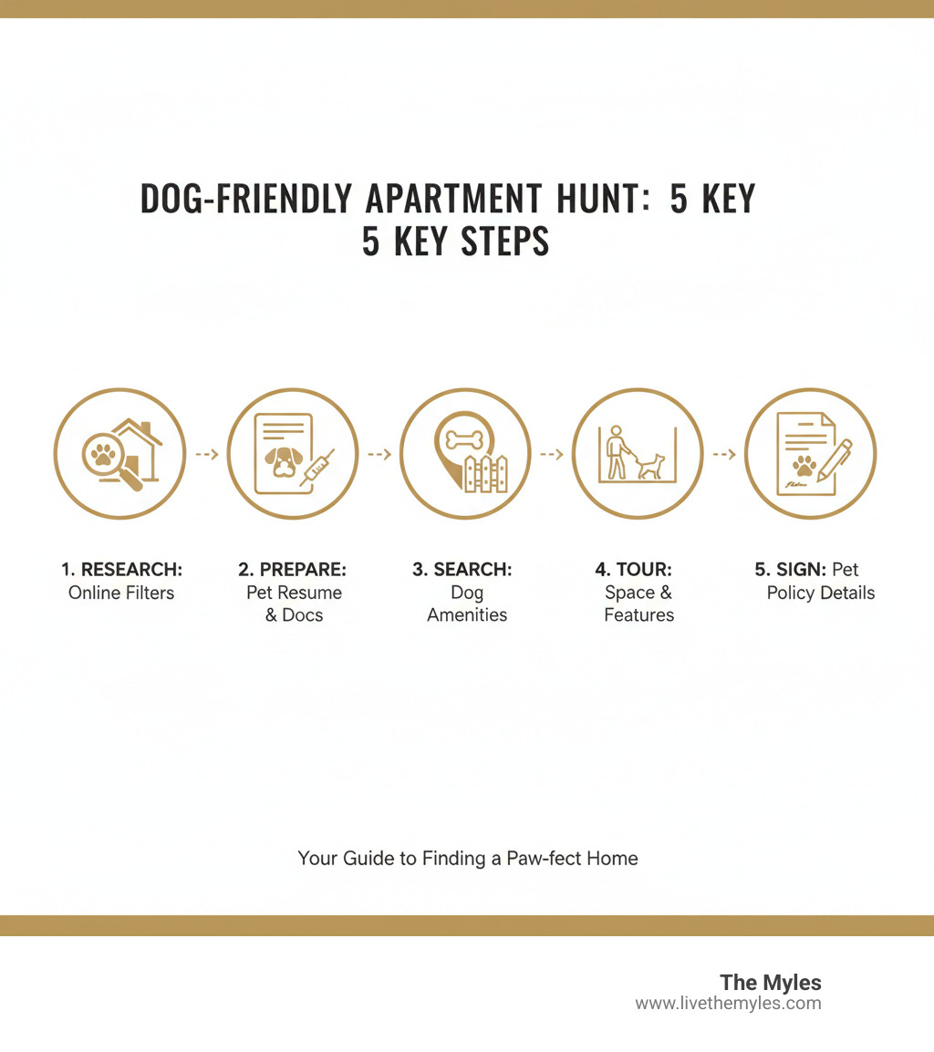 infographic showing 5 key steps: Research available pet-friendly properties using online filters, Prepare pet resume with vaccination records and references, Search listings with specific dog-friendly amenities, Tour properties to evaluate space and pet features, Sign lease after confirming all pet policy details - apartments that accept dogs near me infographic infographic showing 5 key steps: Research available pet-friendly properties using online filters, Prepare pet resume with vaccination records and references, Search listings with specific dog-friendly amenities, Tour properties to evaluate space and pet features, Sign lease after confirming all pet policy details - apartments that accept dogs near me infographic