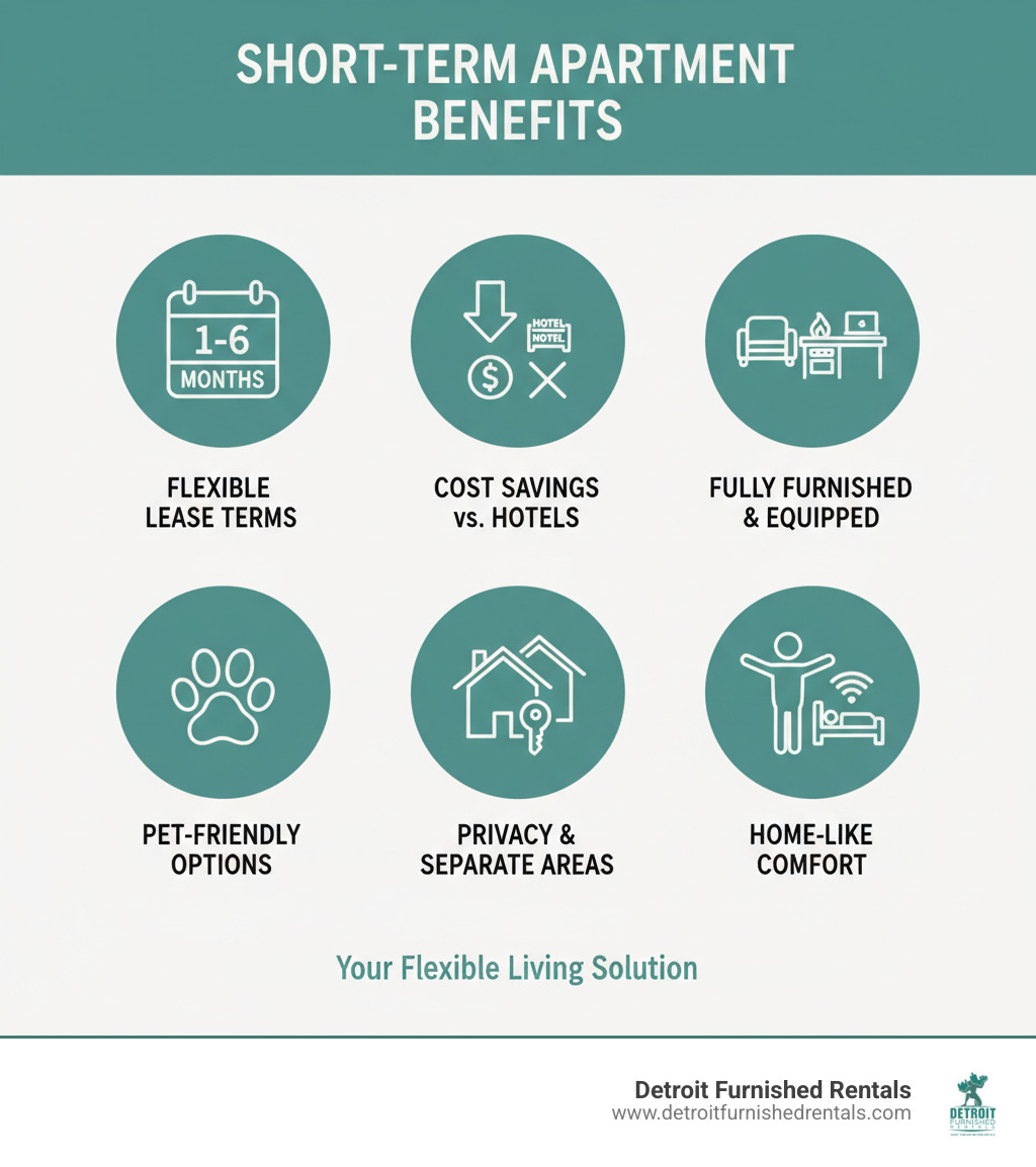 infographic showing short-term apartment benefits including flexibility with lease terms 1-6 months, cost savings versus hotels, fully furnished spaces with kitchens and workspaces, pet-friendly options, and privacy with separate living areas - short term apartment infographic 