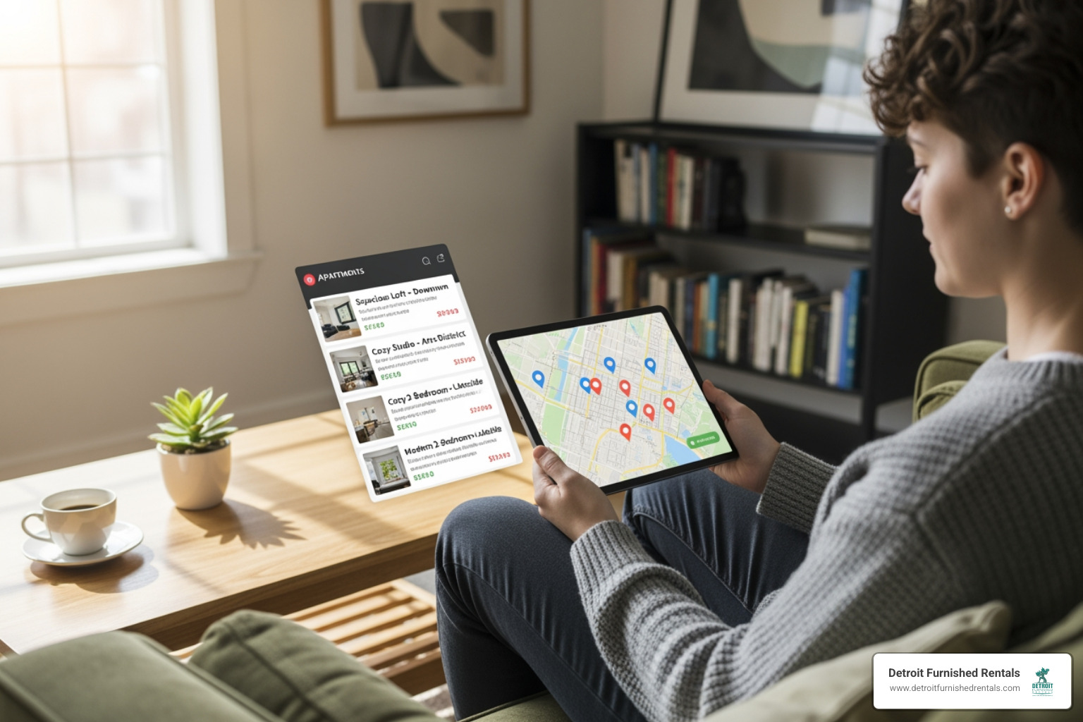 person browsing apartment listings on tablet - short term apartment