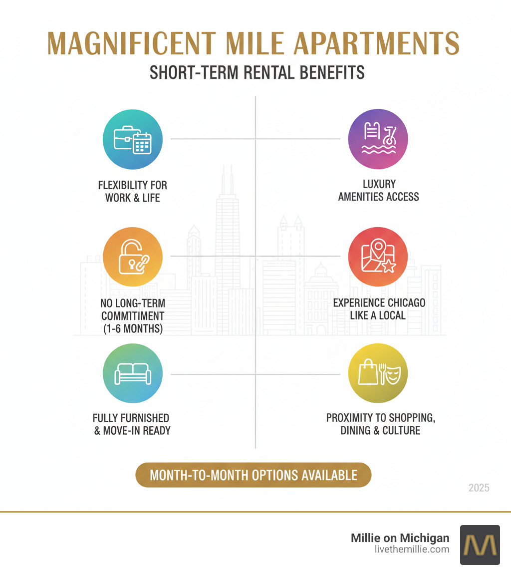 Infographic showing benefits of short-term rentals on the Magnificent Mile: flexibility for work assignments, no long-term commitment required, fully furnished move-in ready options, access to luxury building amenities, experience Chicago like a local, proximity to shopping dining and culture, typical lease lengths of 1-6 months, month-to-month options available - short term apartment magnificent mile infographic Infographic showing benefits of short-term rentals on the Magnificent Mile: flexibility for work assignments, no long-term commitment required, fully furnished move-in ready options, access to luxury building amenities, experience Chicago like a local, proximity to shopping dining and culture, typical lease lengths of 1-6 months, month-to-month options available - short term apartment magnificent mile infographic