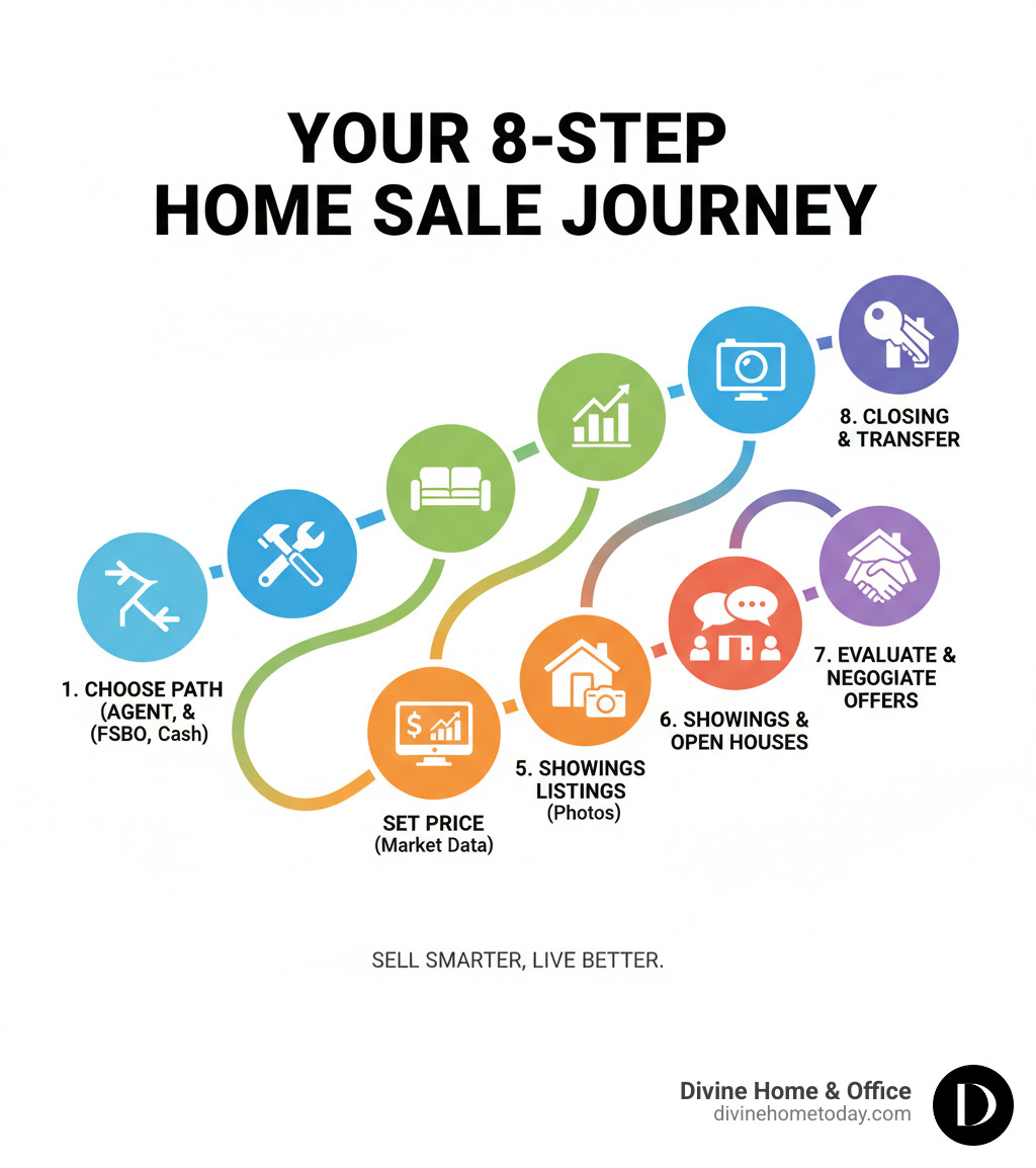 infographic showing the 8 key steps to selling a house: 1. Choose your selling path (agent, FSBO, or cash), 2. Complete essential repairs and upgrades, 3. Stage and declutter your home, 4. Set a competitive price using market data, 5. Create compelling online listings with professional photos, 6. Conduct showings and open houses, 7. Evaluate and negotiate offers, 8. Navigate closing and transfer ownership - how to sell my house infographic 