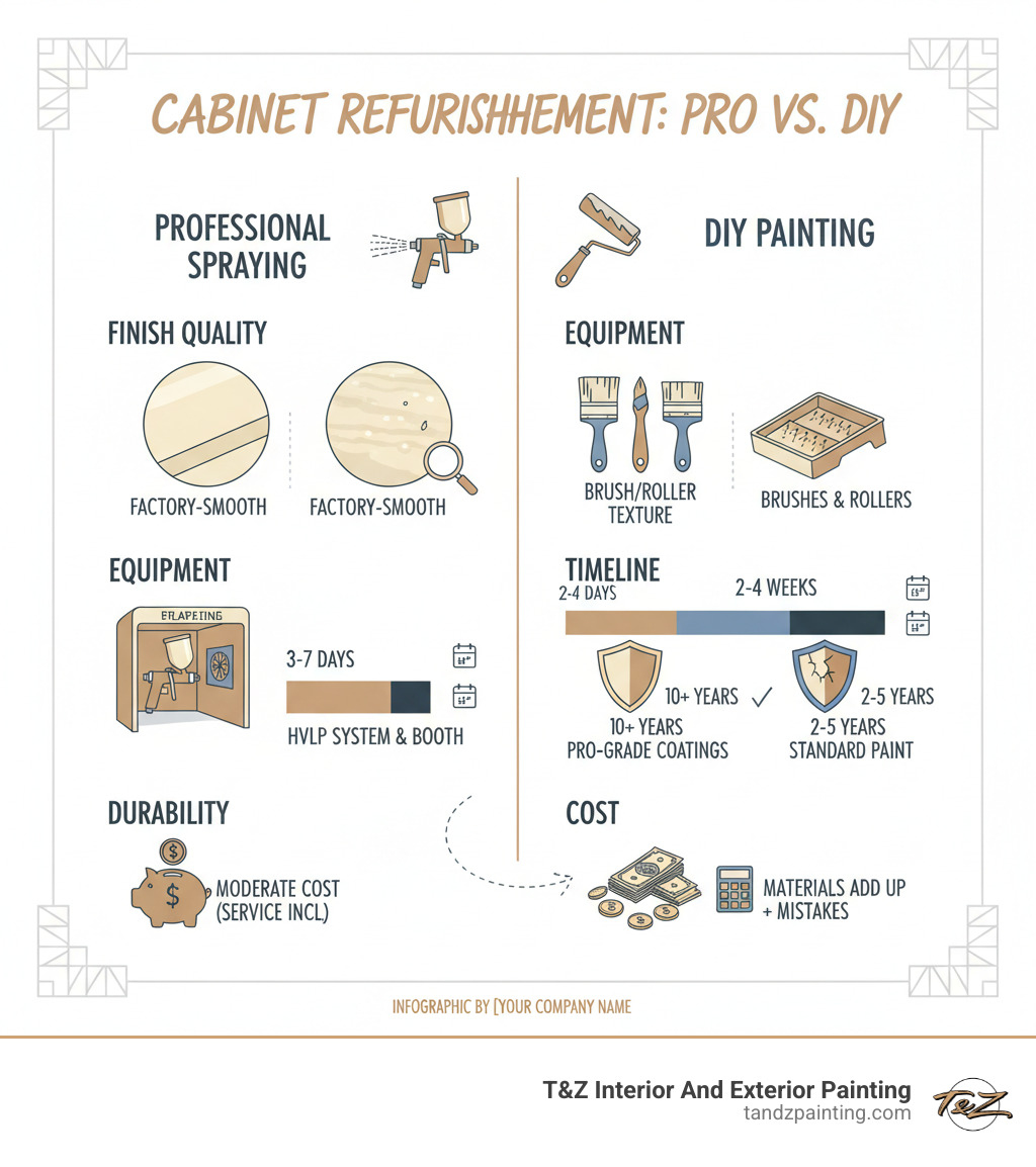Infographic comparing professional cabinet spraying versus DIY painting methods, showing side-by-side differences in finish quality with close-up cross-sections of smooth professional spray finish versus textured brush/roller finish, equipment used including HVLP sprayer in spray booth versus household brushes and rollers, timeline showing 3-7 days for professional versus 2-4 weeks for DIY, durability ratings showing professional grade coatings lasting 10+ years versus standard paint lasting 2-5 years, and cost breakdown showing professional service at moderate cost versus DIY material costs adding up with potential mistakes - Professional cabinet spraying infographic 