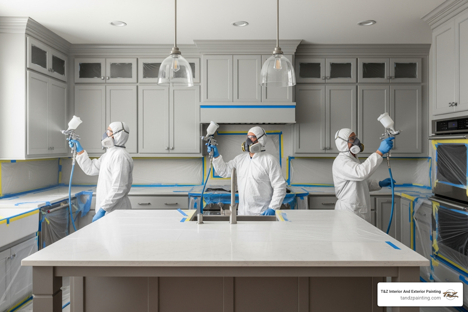 Professional cabinet spraying team working in a kitchen - Professional cabinet spraying