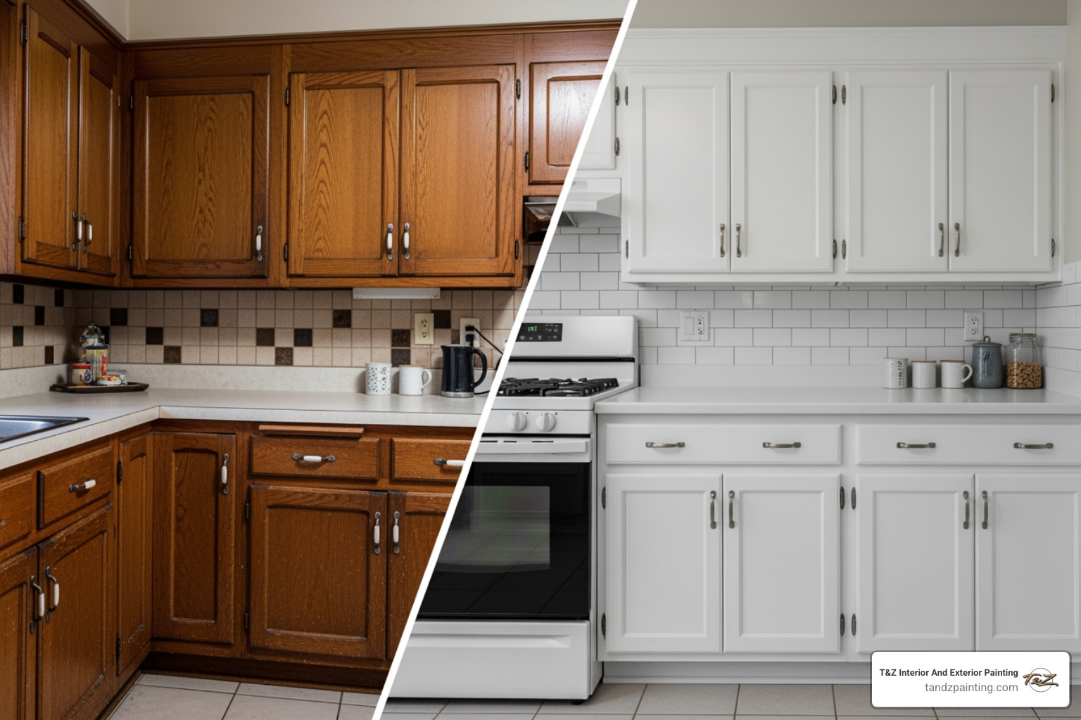 Kitchen before and after professional cabinet spraying - Professional cabinet spraying