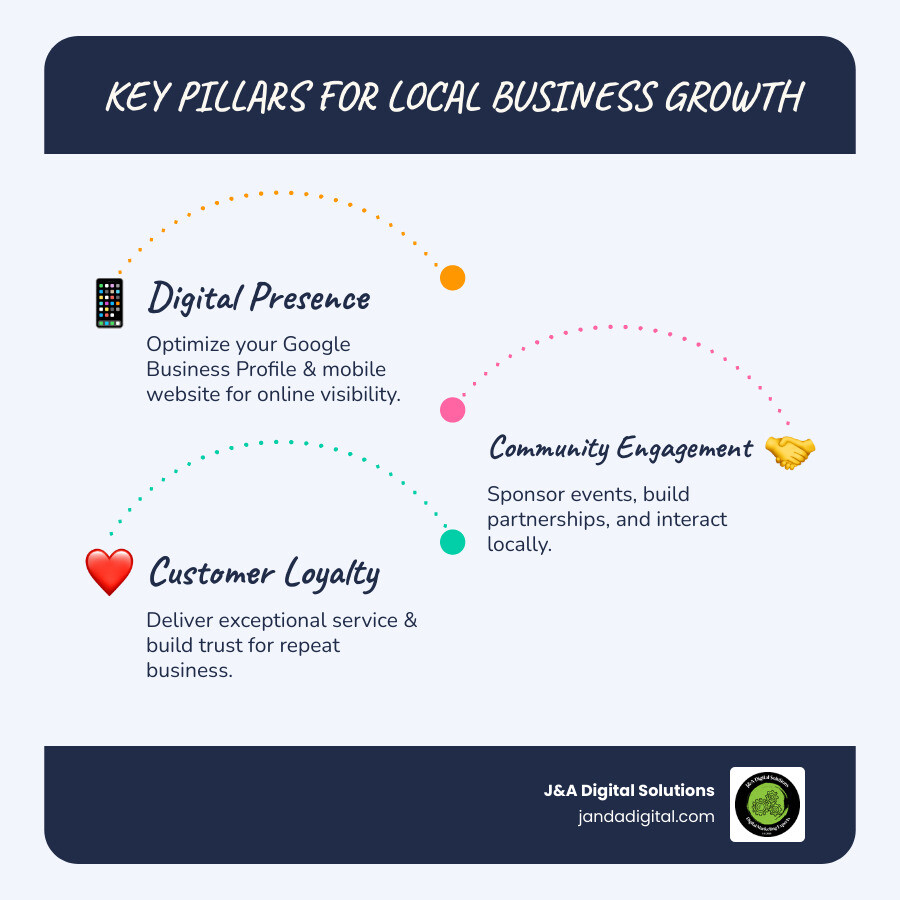 Infographic showing three interconnected pillars: Digital Presence (smartphone icon with Google Business Profile), Community Engagement (handshake icon with local event), and Customer Loyalty (heart icon with 5-star reviews), with arrows connecting all three in a cycle - grow my local business infographic infographic-line-3-steps-blues-accent_colors
