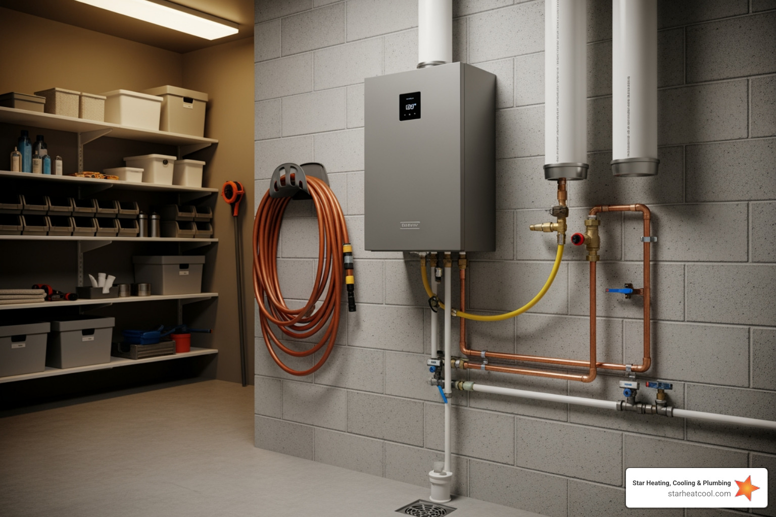 Modern tankless water heater installed neatly on a wall, showcasing a clean and efficient plumbing solution - high-end plumbing service in carmel in