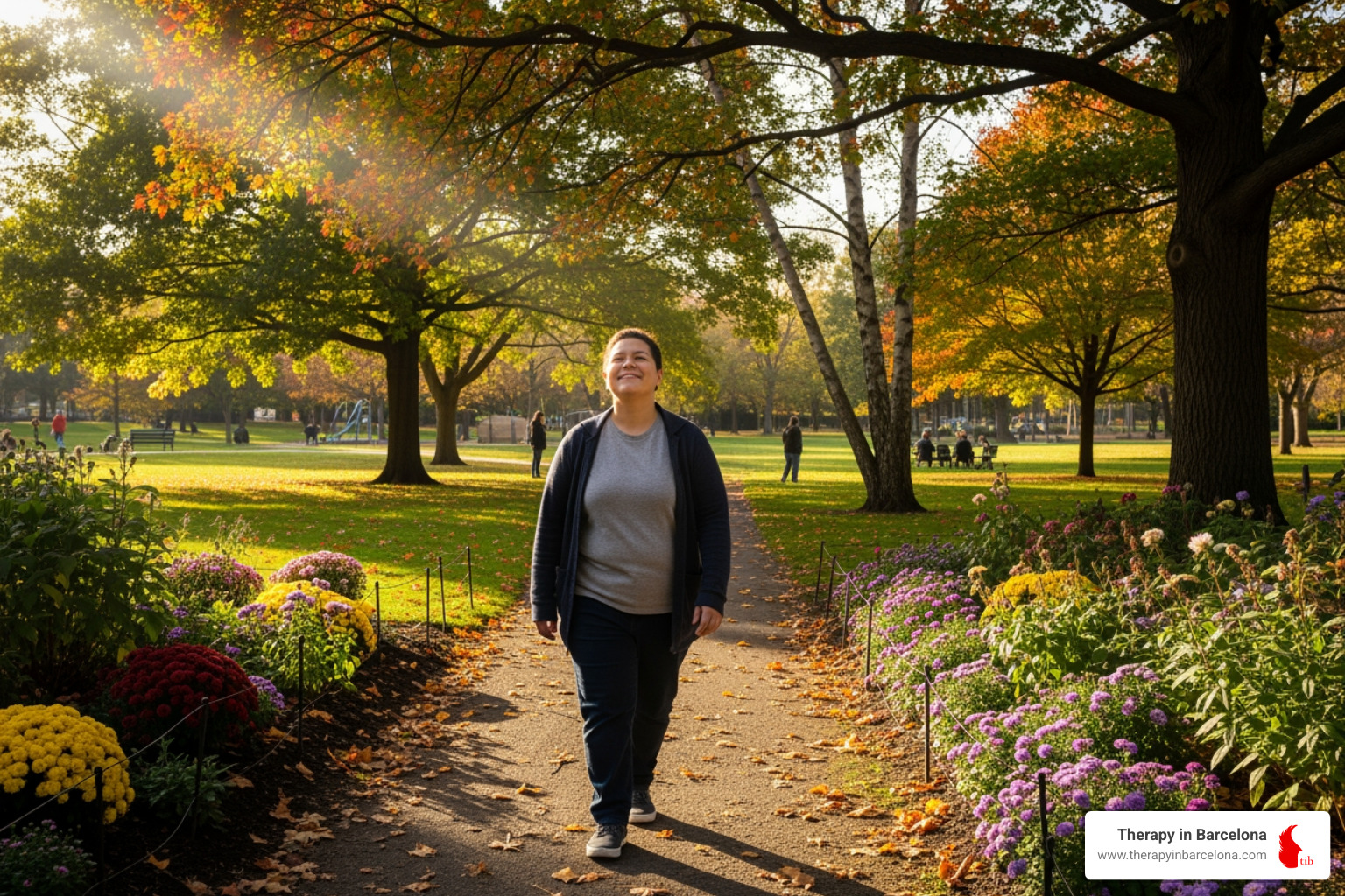 A person smiling, looking relieved and empowered while walking through a park in Valencia - EMDR therapy benefits