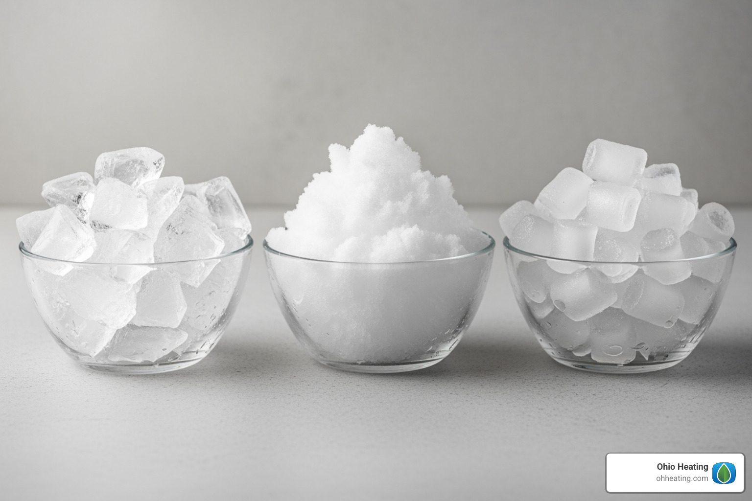 Three bowls showing crushed ice, shaved ice, and nugget ice side-by-side - crushed ice machine Three bowls showing crushed ice, shaved ice, and nugget ice side-by-side - crushed ice machine