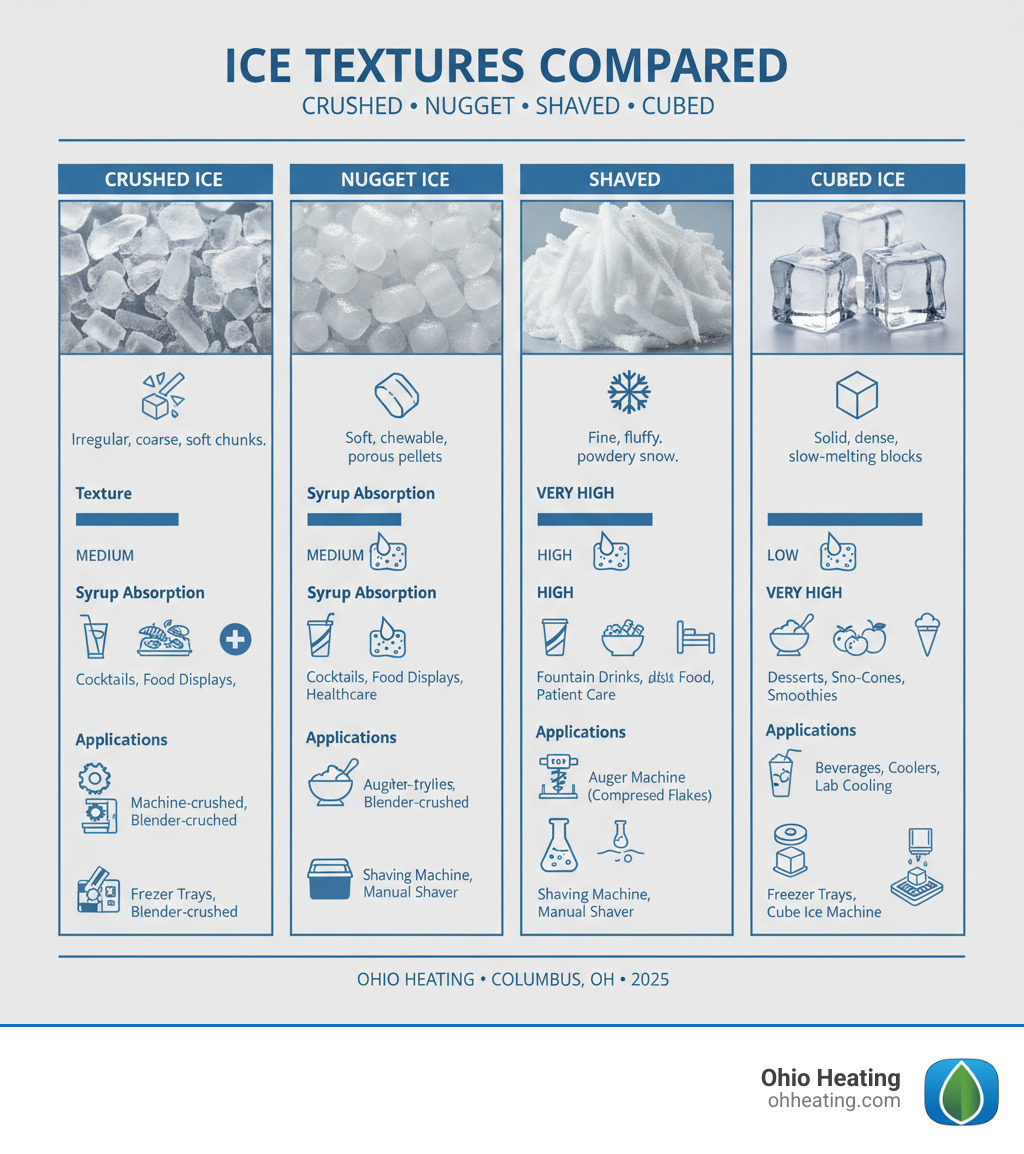 Infographic comparing crushed ice, nugget ice, shaved ice, and cubed ice showing texture differences, syrup absorption rates, typical applications, and production methods for each ice type - crushed ice machine infographic Infographic comparing crushed ice, nugget ice, shaved ice, and cubed ice showing texture differences, syrup absorption rates, typical applications, and production methods for each ice type - crushed ice machine infographic