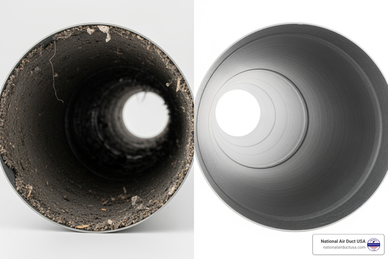 diagram comparing a clogged, dirty air duct to a clean, efficient one - air duct cleaning long island