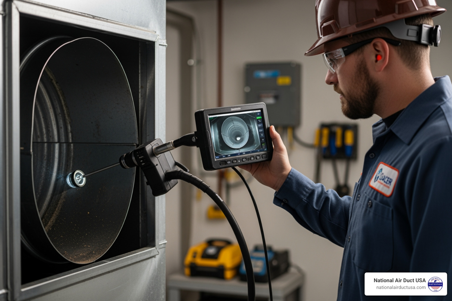 certified technician inspecting an air duct with a camera - air duct cleaning long island