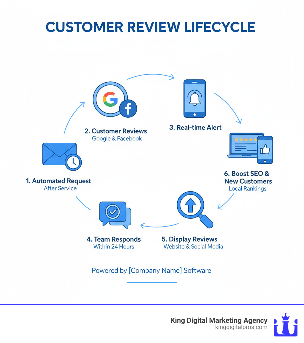 infographic showing the customer review lifecycle: automated review request sent after service completion, customer leaves review on Google or Facebook, business receives real-time alert, team responds within 24 hours, positive reviews are displayed on website and social media, review signals boost local SEO rankings and attract new customers - customer review management software infographic 