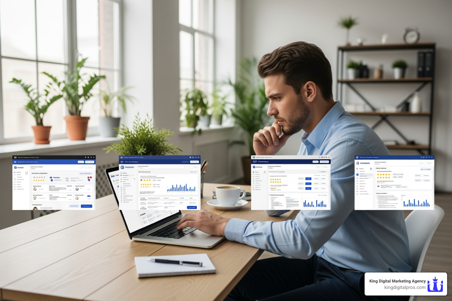 A small business owner comparing various customer review management software features on a laptop screen - customer review management software