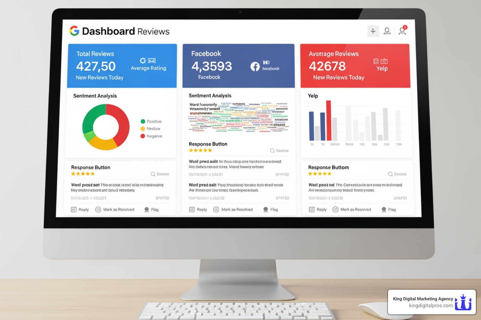 A unified dashboard displaying customer reviews from Google, Facebook, and Yelp, with clear metrics and response options - customer review management software
