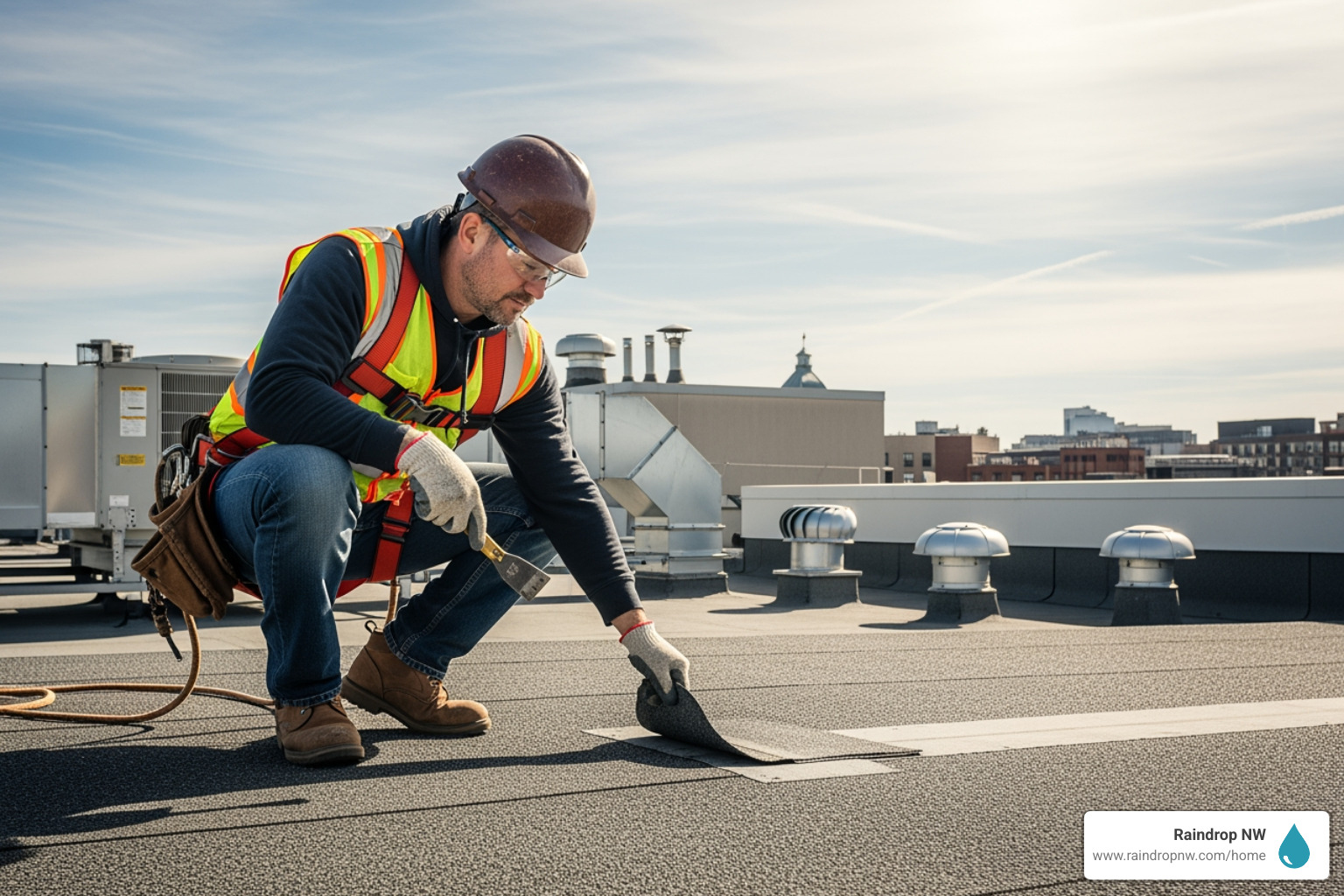 Roofer inspecting commercial roof - trusted commercial new and replacement roofs service in dunthorpe or Roofer inspecting commercial roof - trusted commercial new and replacement roofs service in dunthorpe or