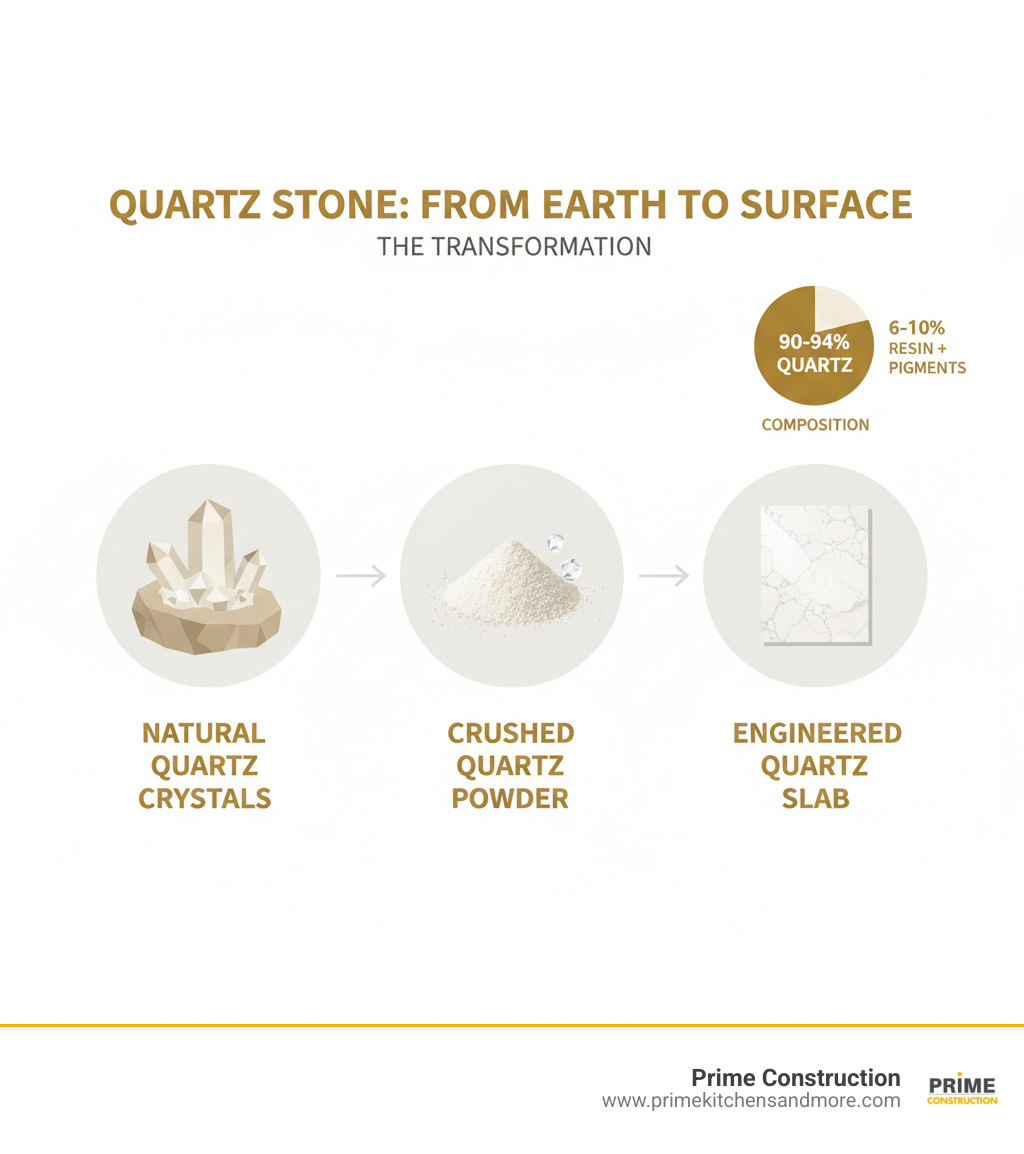infographic showing the transformation from natural quartz crystals in the earth to crushed quartz powder to finished engineered quartz slab, with percentages showing 90-94% quartz and 6-10% resin composition - quartz stone infographic 