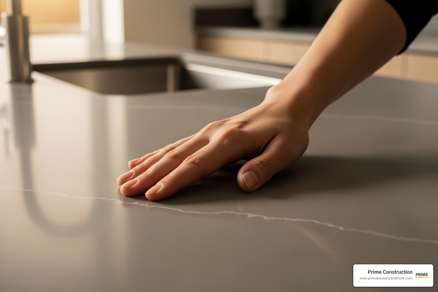 person running their hand over a smooth, leathered-finish quartz countertop - quartz stone