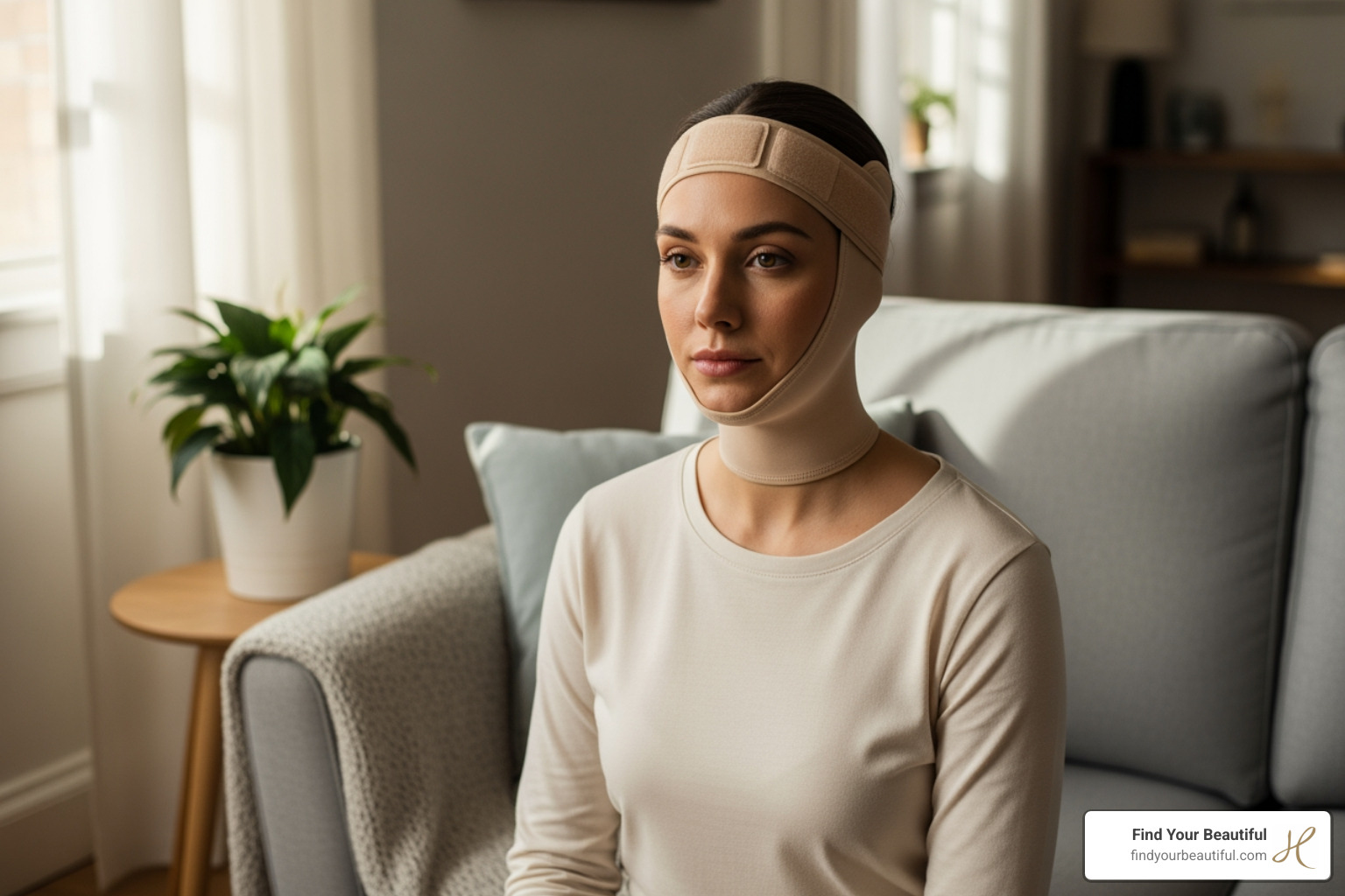 patient wearing a post-procedure chin compression garment - neck liposuction in san antonio patient wearing a post-procedure chin compression garment - neck liposuction in san antonio