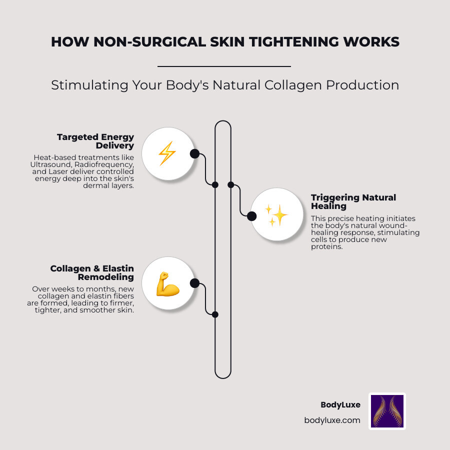 infographic showing how ultrasound radiofrequency and laser treatments stimulate collagen production by heating deep skin layers triggering natural healing response with timeline of results from immediate tightening through six months of collagen remodeling - lift skin tightening treatment infographic infographic-line-3-steps-elegant_beige