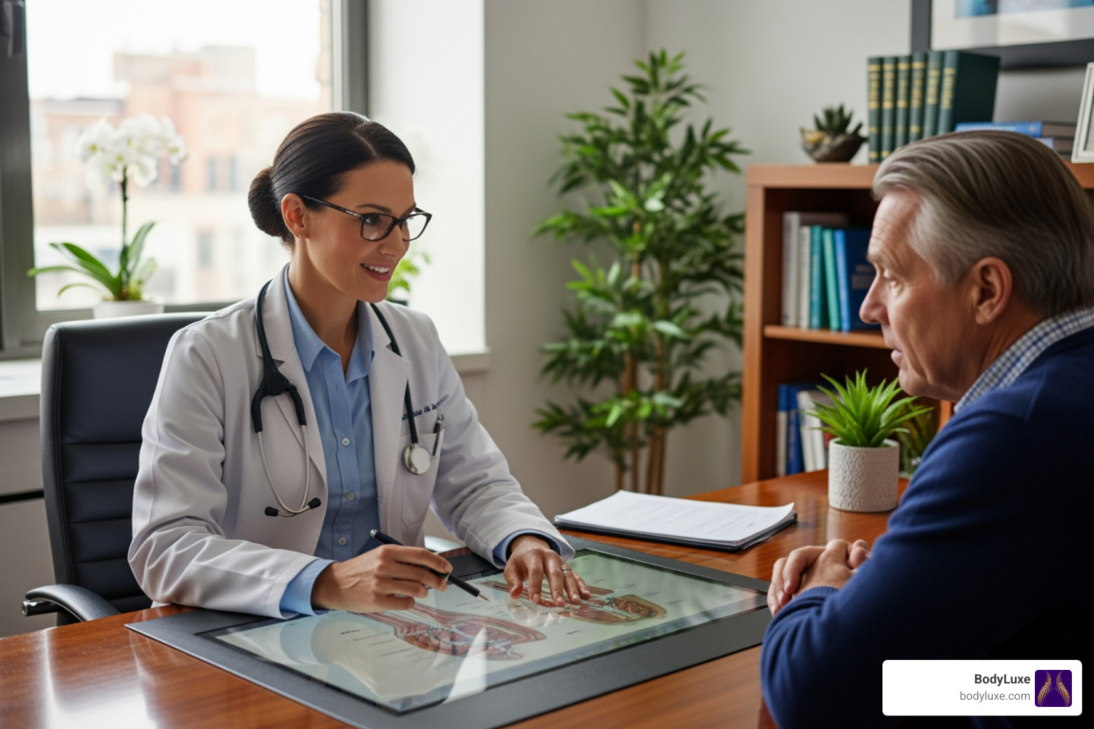 a patient in a consultation with a board-certified surgeon - lift skin tightening treatment
