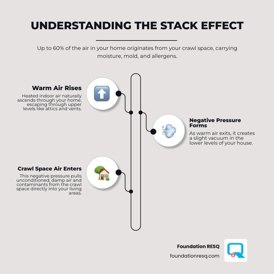 Infographic showing the stack effect: warm air rising through a home creates negative pressure at lower levels, pulling air from the crawl space up through floors and into living areas, carrying moisture, mold spores, allergens, and odors; includes arrows showing air flow from crawl space through first floor to upper levels, with callouts showing 60% of first floor air originates from crawl space, optimal humidity levels below 55%, and comparison of encapsulated versus unencapsulated crawl space conditions - crawl+space+encapsulation infographic infographic-line-3-steps-elegant_beige