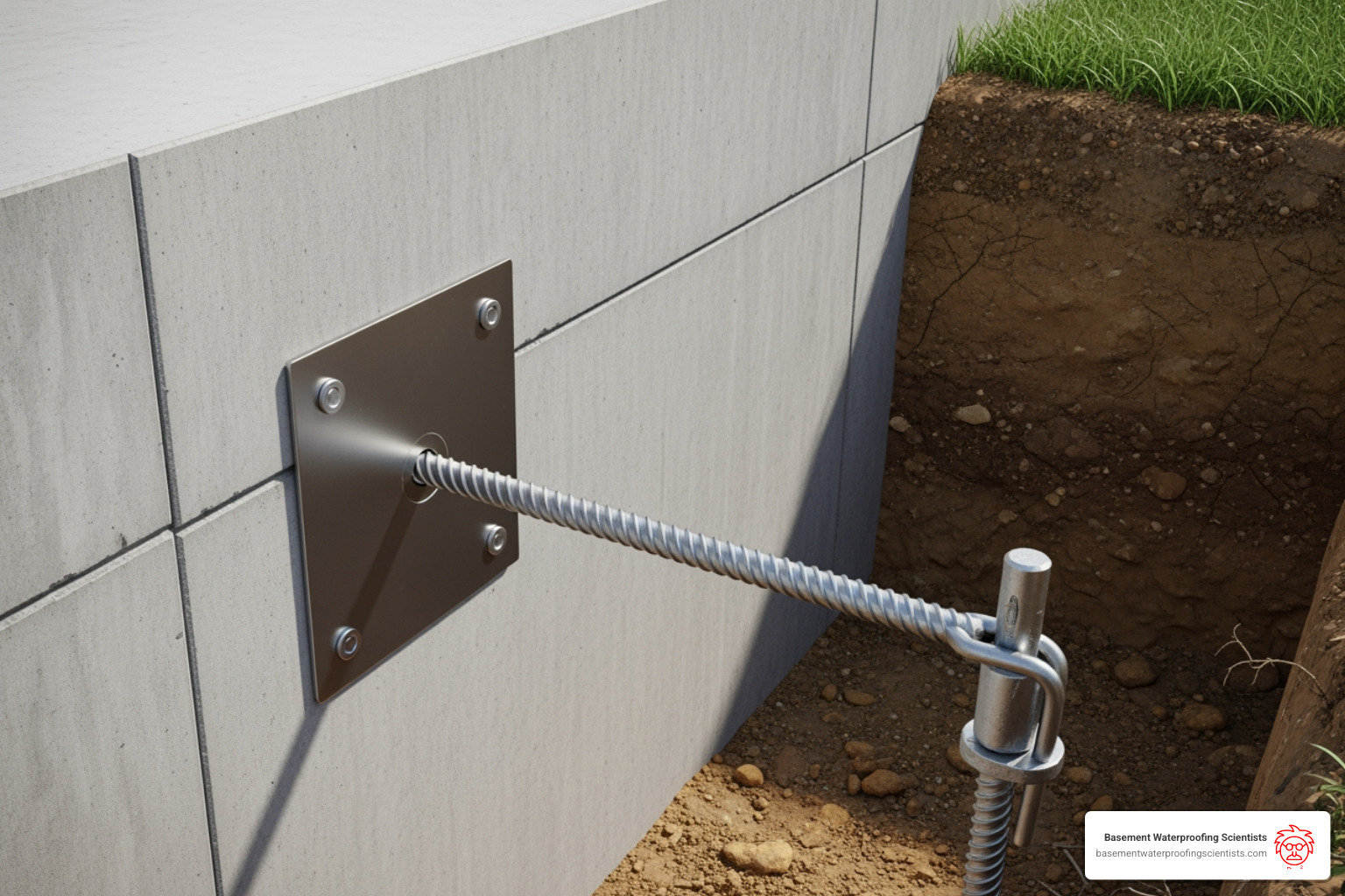 wall anchor system showing the interior plate and exterior anchor - bowing basement wall repair