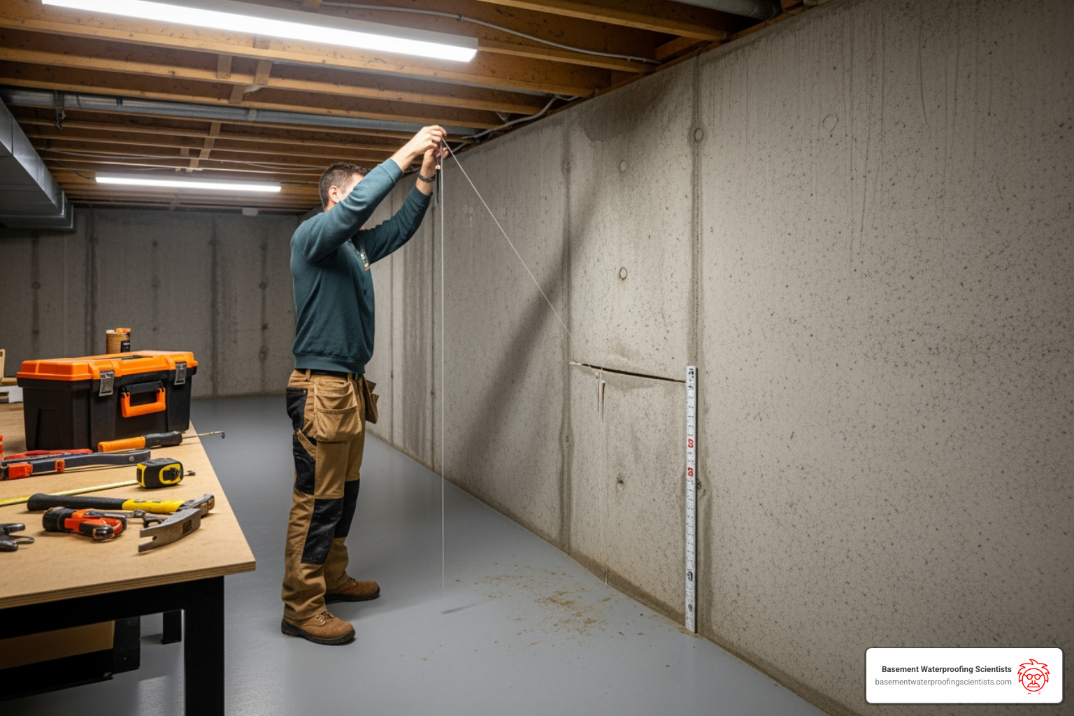 person using a plumb line or a long level against a basement wall to measure the bow - bowing basement wall repair