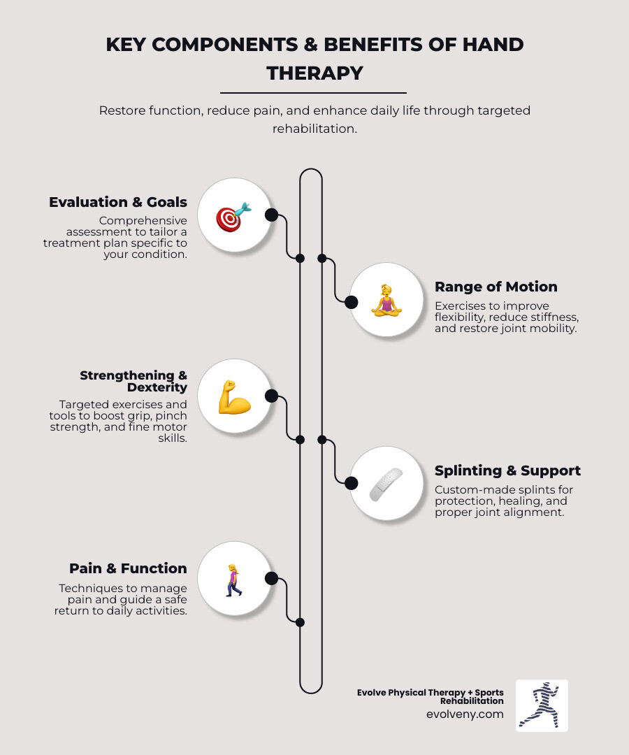 Infographic showing the key components of hand therapy: evaluation and goal setting, range of motion exercises for flexibility, strengthening exercises using therapy putty and balls, custom splint fabrication for support and protection, pain management techniques, and return to functional activities. Benefits include reduced pain, improved grip strength up to 25%, increased dexterity, and better quality of life for conditions like arthritis, carpal tunnel, post-surgery recovery, and stroke rehabilitation. - physical therapy for hands infographic infographic-line-5-steps-elegant_beige