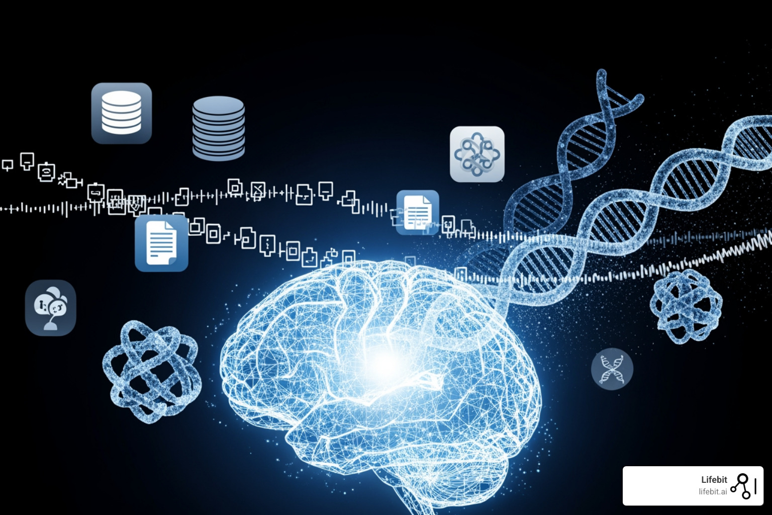 AI brain interacting with diverse data icons (structured, unstructured, genomic) - data intelligence similar