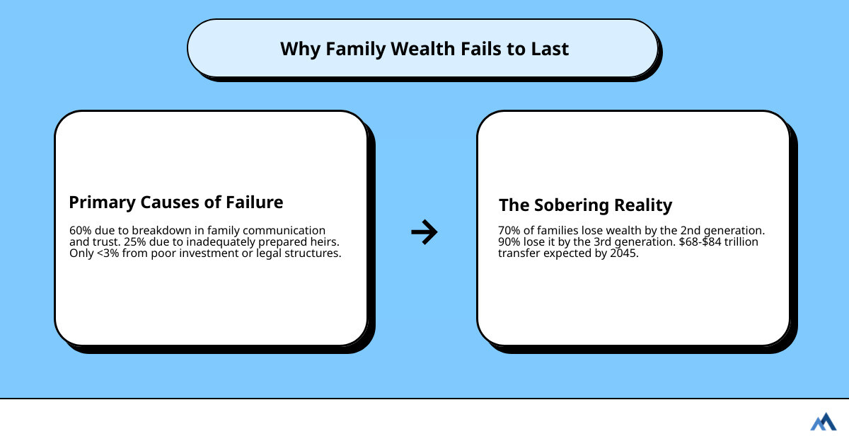 infographic showing the decline of family wealth across three generations with key failure factors highlighted: 60% due to communication breakdown, 25% due to unprepared heirs, and only 3% due to poor financial planning - multi-generational wealth planning strategies infographic cause_effect_text