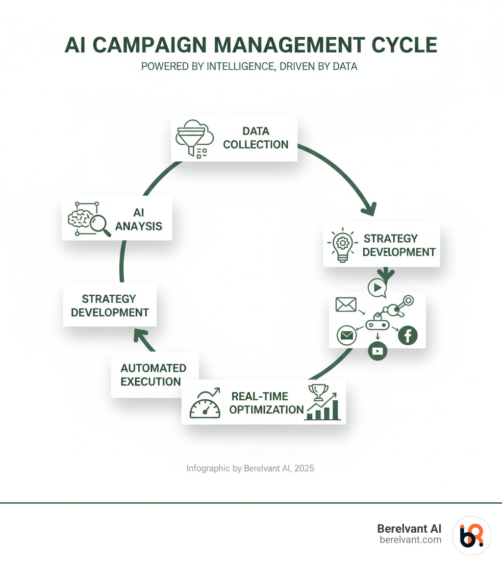 Infographic showing the AI campaign management cycle: Data Collection feeds into AI Analysis, which informs Strategy Development, leading to Automated Execution across channels, followed by Real-Time Optimization and Performance Measurement, which loops back to Data Collection - AI campaign management infographic 