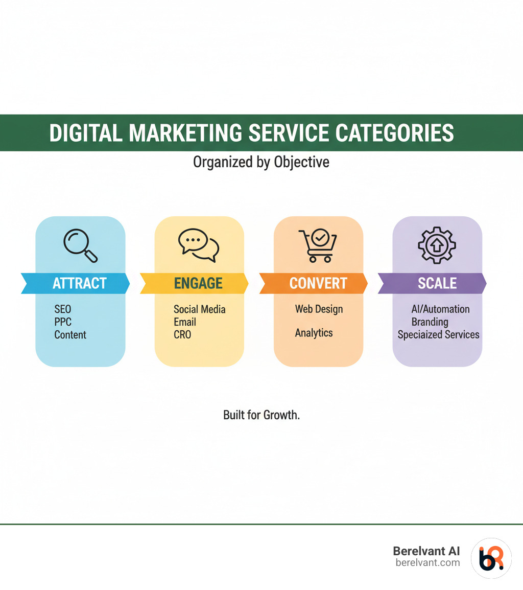 infographic showing digital marketing service categories organized by objective: Attract (SEO, PPC, Content), Engage (Social Media, Email, CRO), Convert (Web Design, Analytics), and Scale (AI/Automation, Branding, Specialized Services) - what services do digital marketing agencies offer infographic 