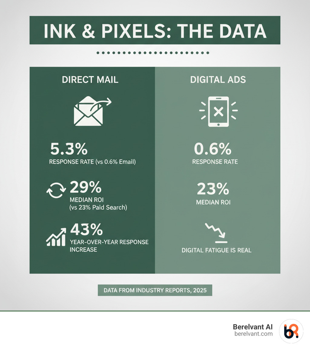 infographic showing direct mail vs digital ads statistics including response rates of 5.3% for direct mail houses vs 0.6% for email, median ROI of 29% for direct mail vs 23% for paid search, and 43% year-over-year increase in customer response rates - how digital marketing agencies offer direct mail services infographic 